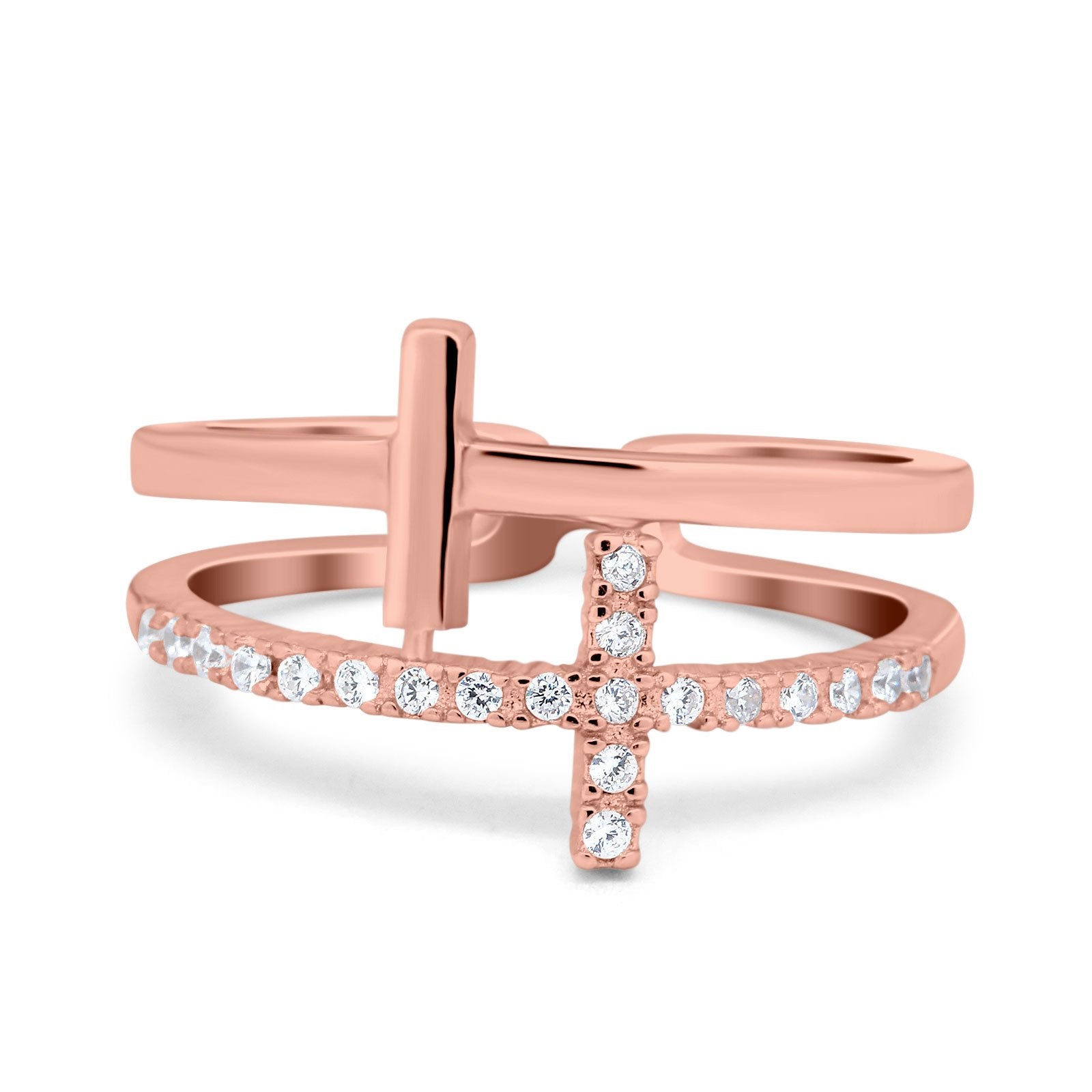 Sideways Cross Ring Round Simulated Cubic Zirconia 925 Sterling Silver