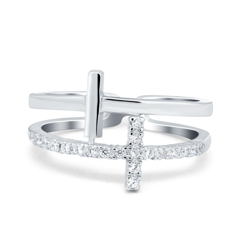 Sideways Cross Ring Round Simulated Cubic Zirconia 925 Sterling Silver