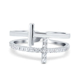 Sideways Cross Ring Round Simulated Cubic Zirconia 925 Sterling Silver