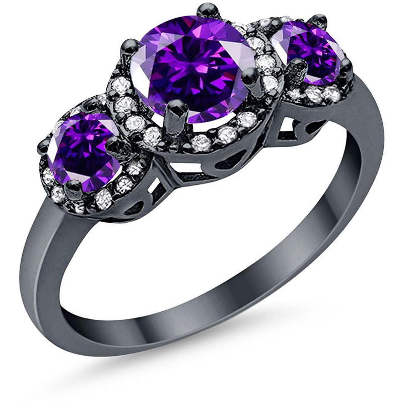 3 Stone Halo Wedding Ring Simulated Cubic Zirconia 925 Sterling Silver