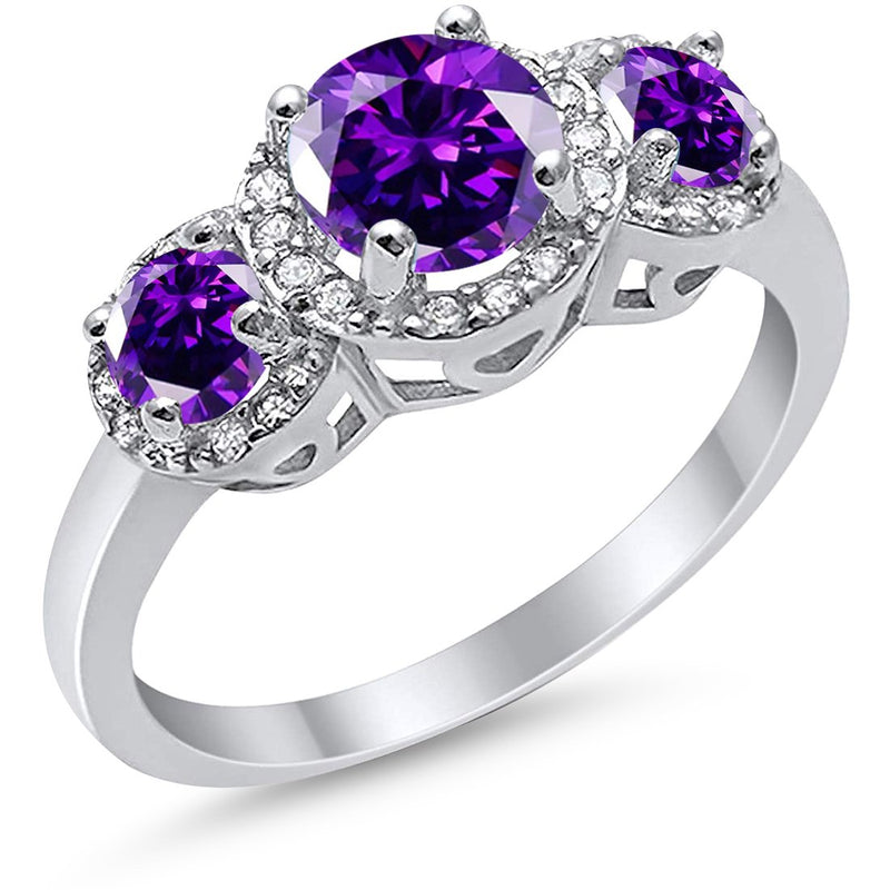 3 Stone Halo Wedding Ring Simulated Cubic Zirconia 925 Sterling Silver