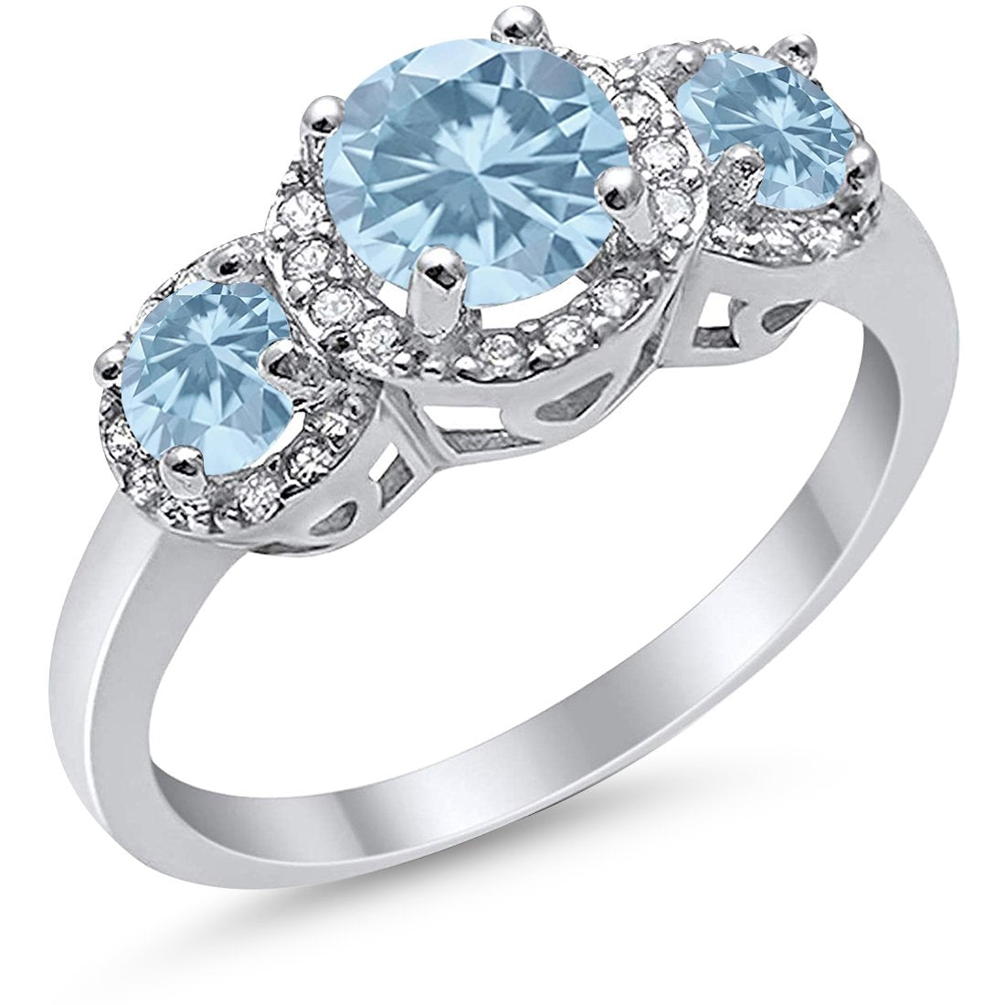 3 Stone Halo Wedding Ring Simulated Cubic Zirconia 925 Sterling Silver