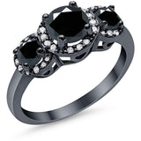 3 Stone Halo Wedding Ring Simulated Cubic Zirconia 925 Sterling Silver