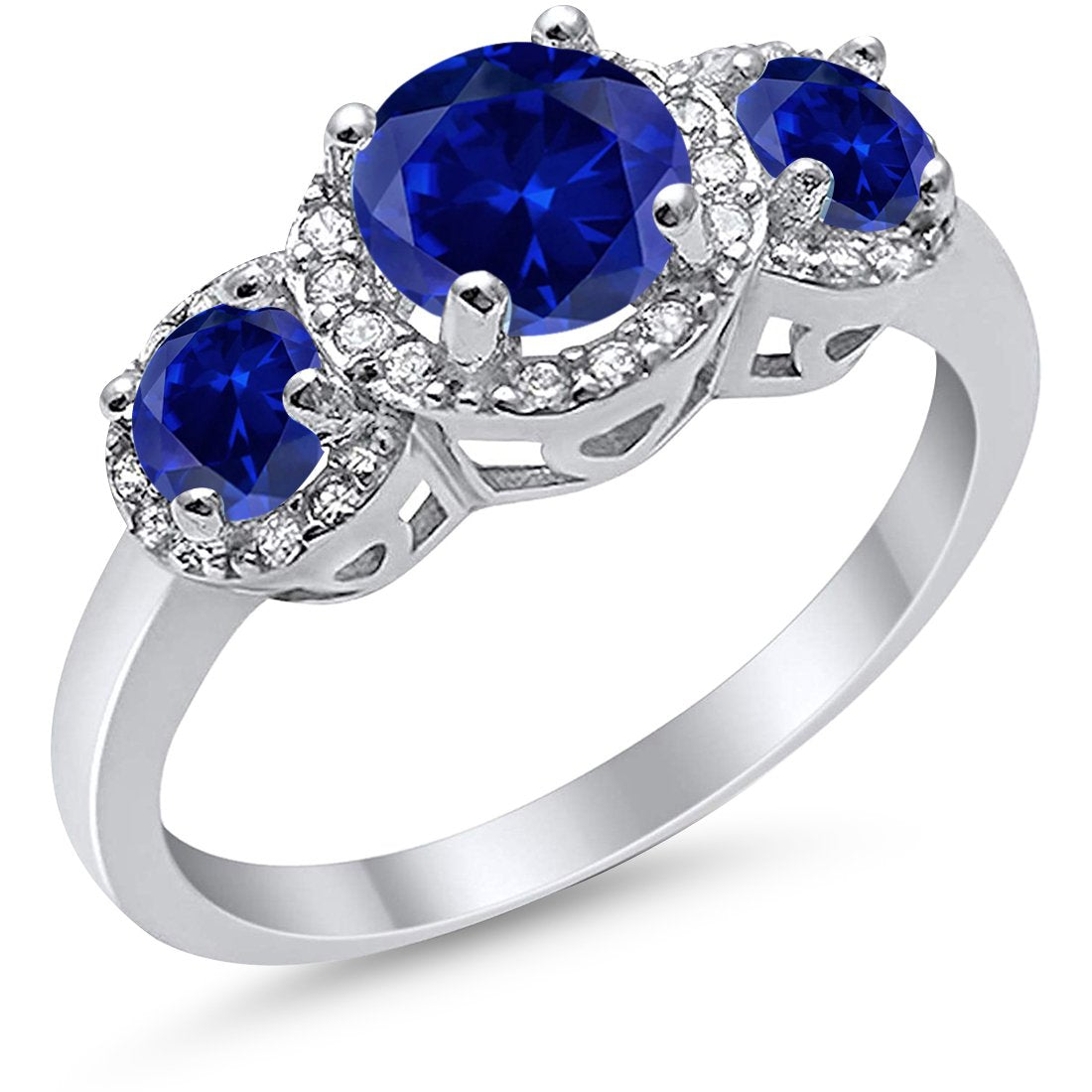 3 Stone Halo Wedding Ring Simulated Cubic Zirconia 925 Sterling Silver