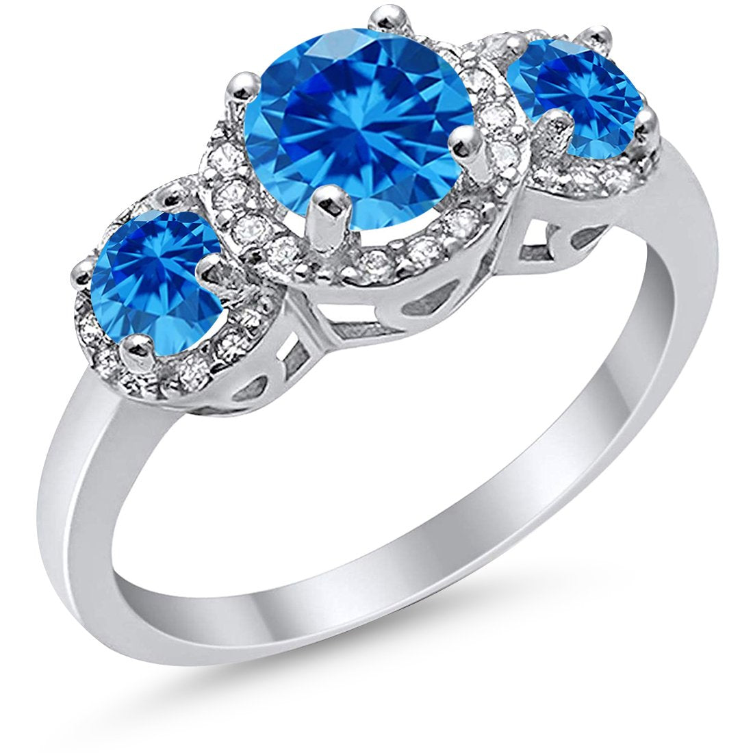 3 Stone Halo Wedding Ring Simulated Cubic Zirconia 925 Sterling Silver