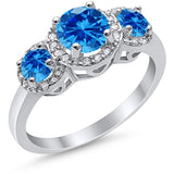 3 Stone Halo Wedding Ring Simulated Cubic Zirconia 925 Sterling Silver