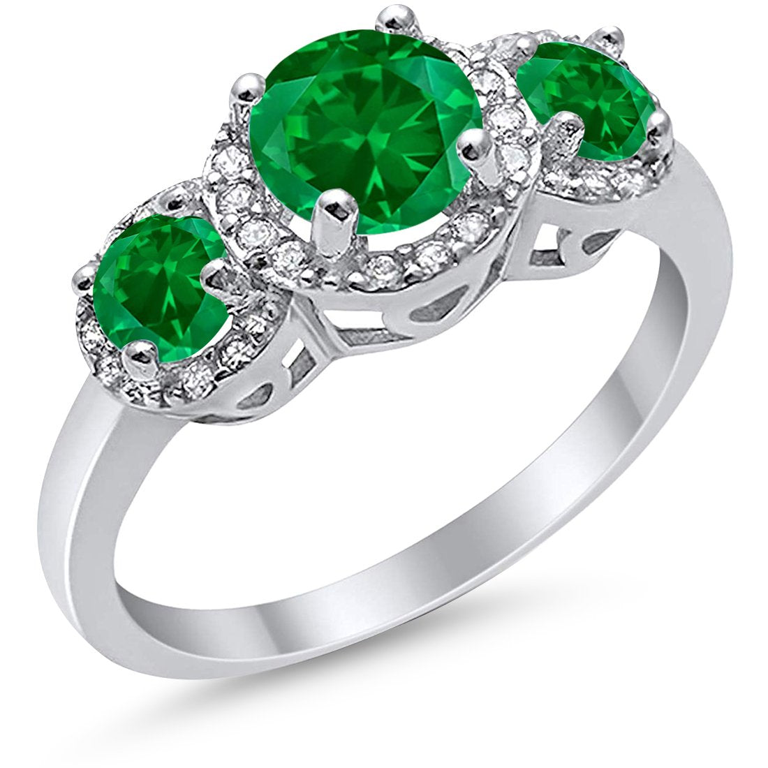 3 Stone Halo Wedding Ring Simulated Cubic Zirconia 925 Sterling Silver