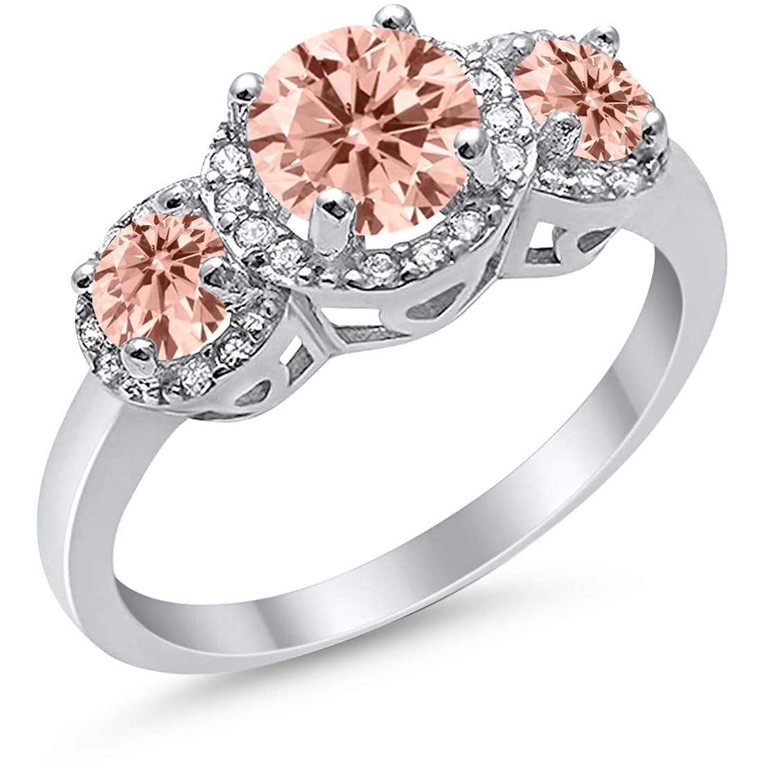3 Stone Halo Wedding Ring Simulated Cubic Zirconia 925 Sterling Silver