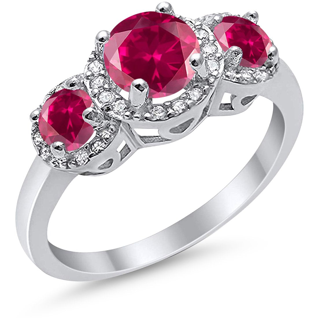 3 Stone Halo Wedding Ring Simulated Cubic Zirconia 925 Sterling Silver