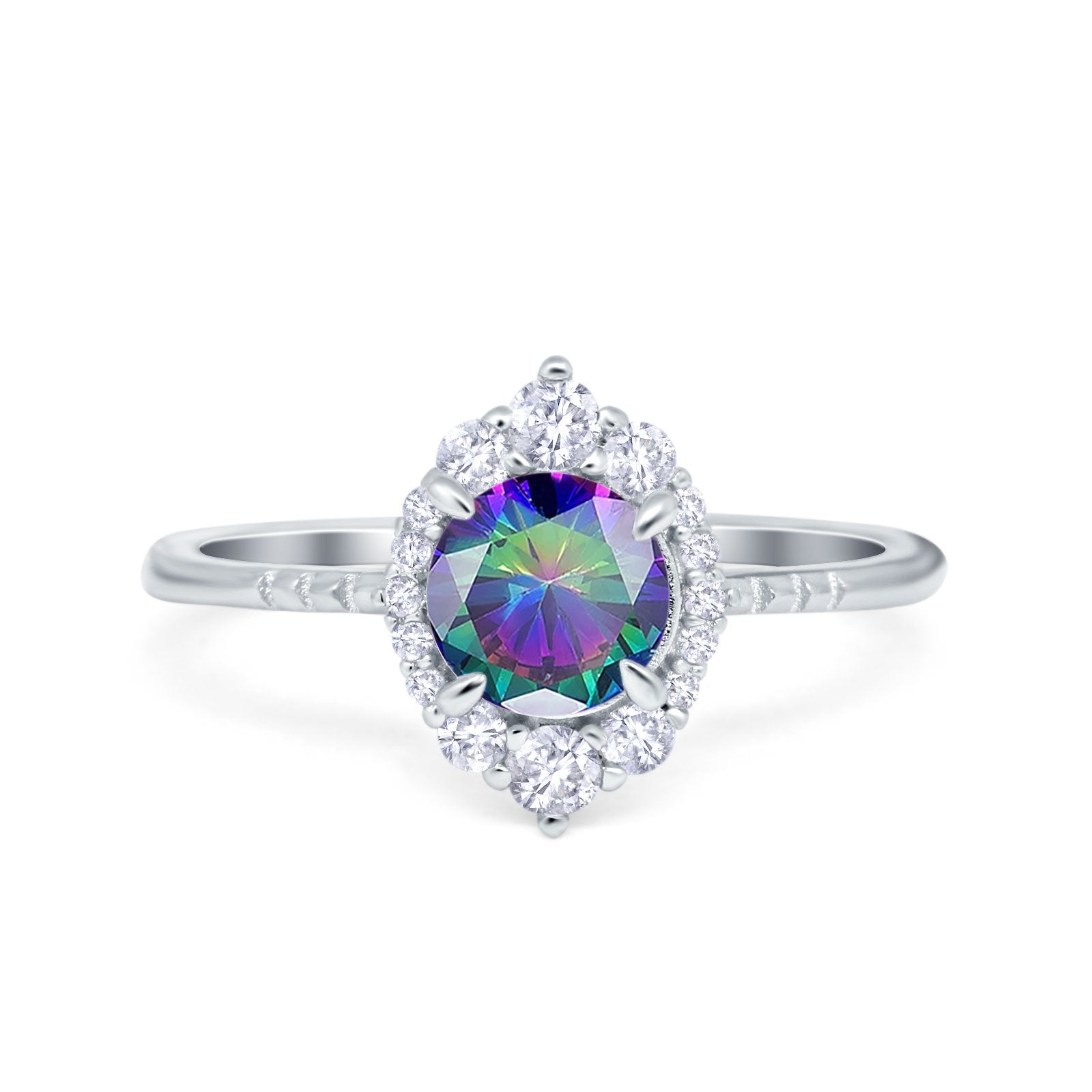 Halo Engagement Ring Vintage Round Simulated Cubic Zirconia 925 Sterling Silver