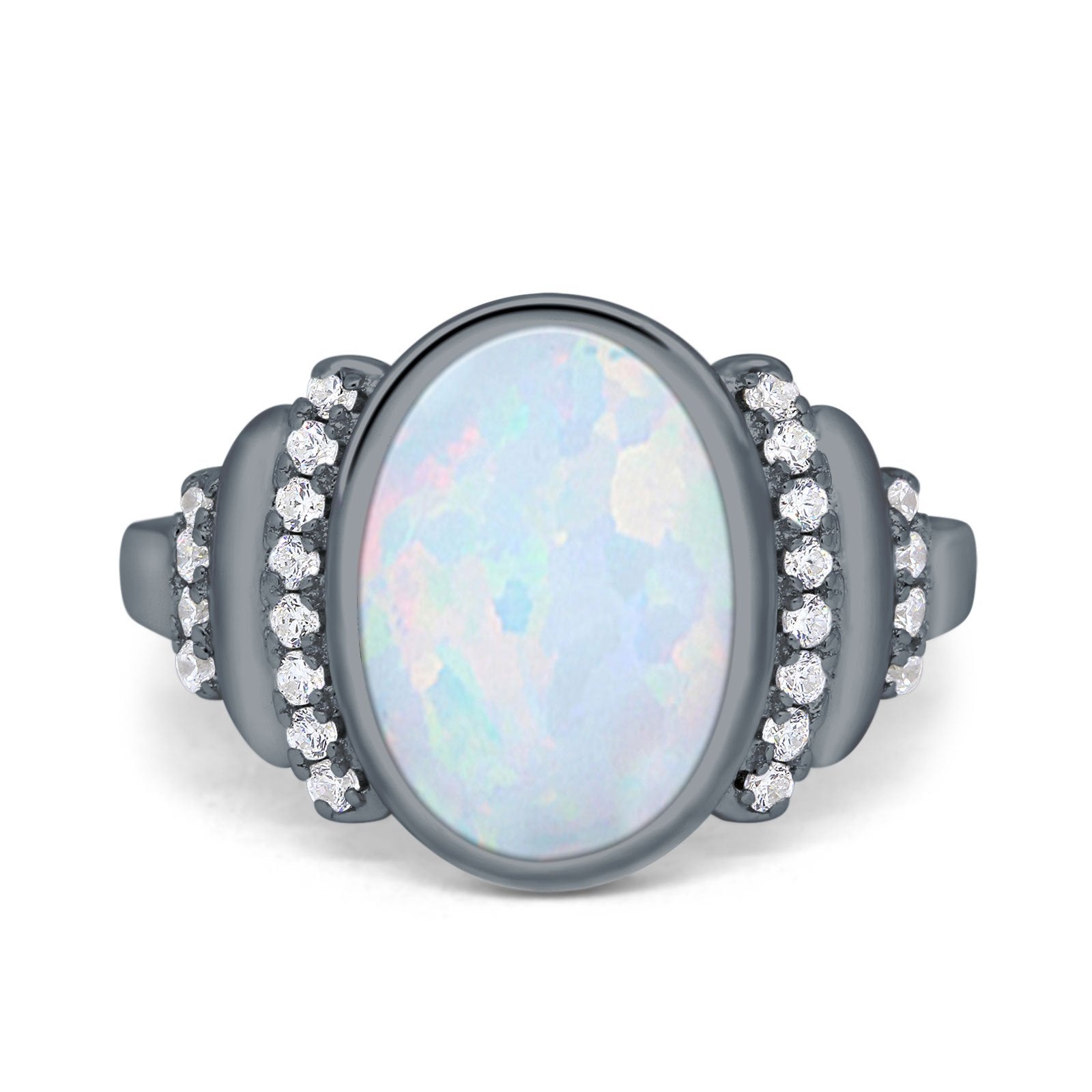 Fashion Ring Oval Lab Created Opal Round Simulated Cubic Zirconia 925 Sterling Silver