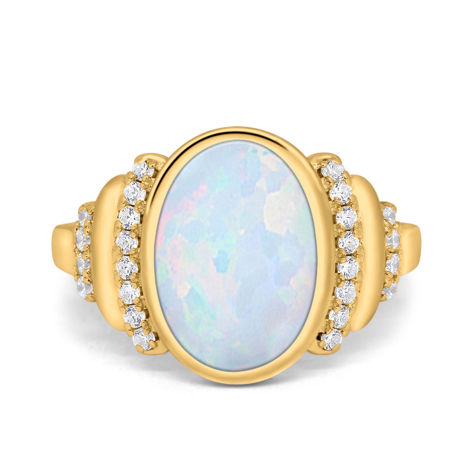 Fashion Ring Oval Lab Created Opal Round Simulated Cubic Zirconia 925 Sterling Silver