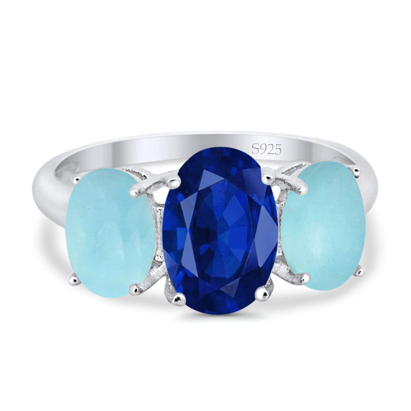 3-Stone Oval Created Opal Fashion Ring 925 Sterling Silver