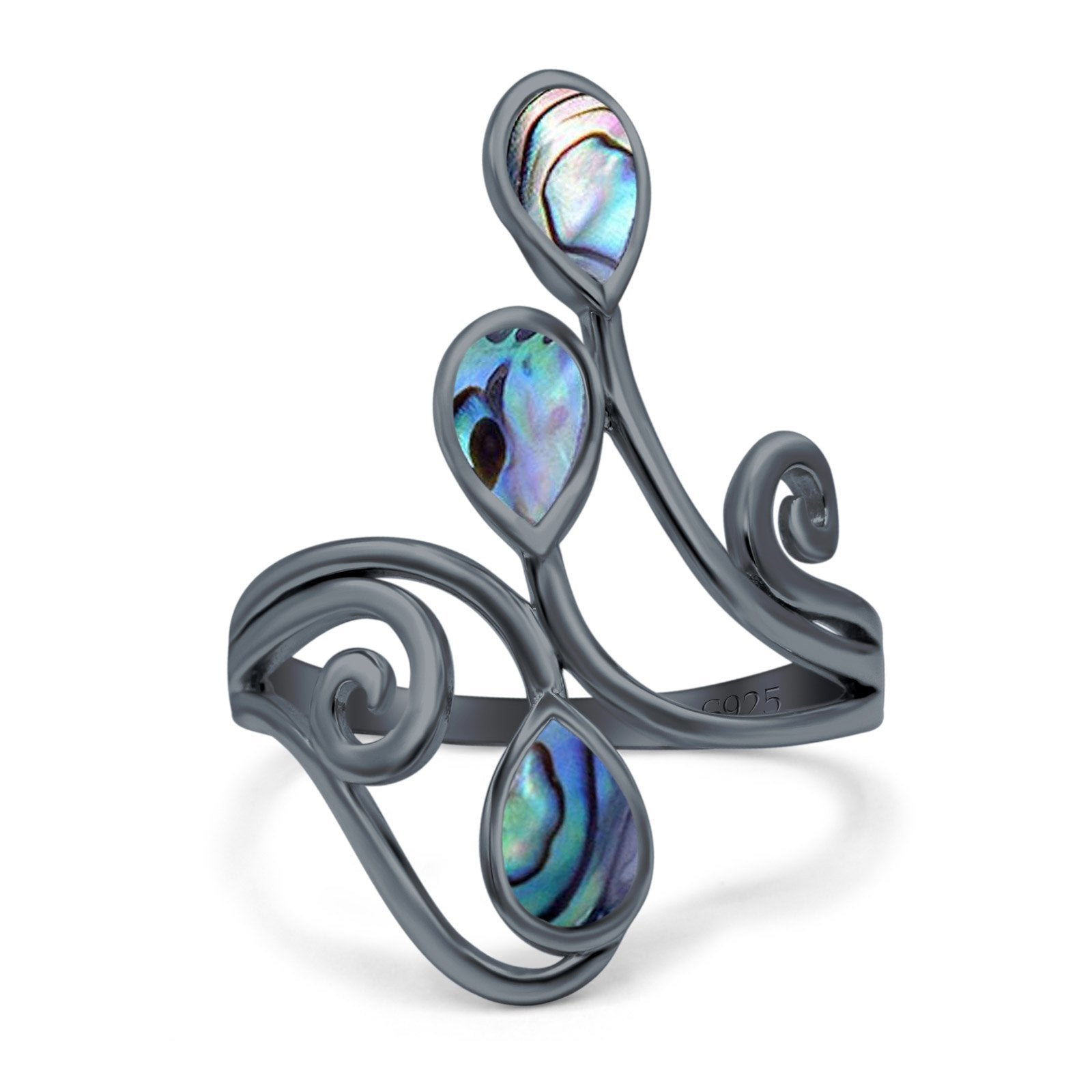 Fashion Teardrop Pear Swirl Spiral Ring Rhodium Plated Created Opal 925 Sterling Silver