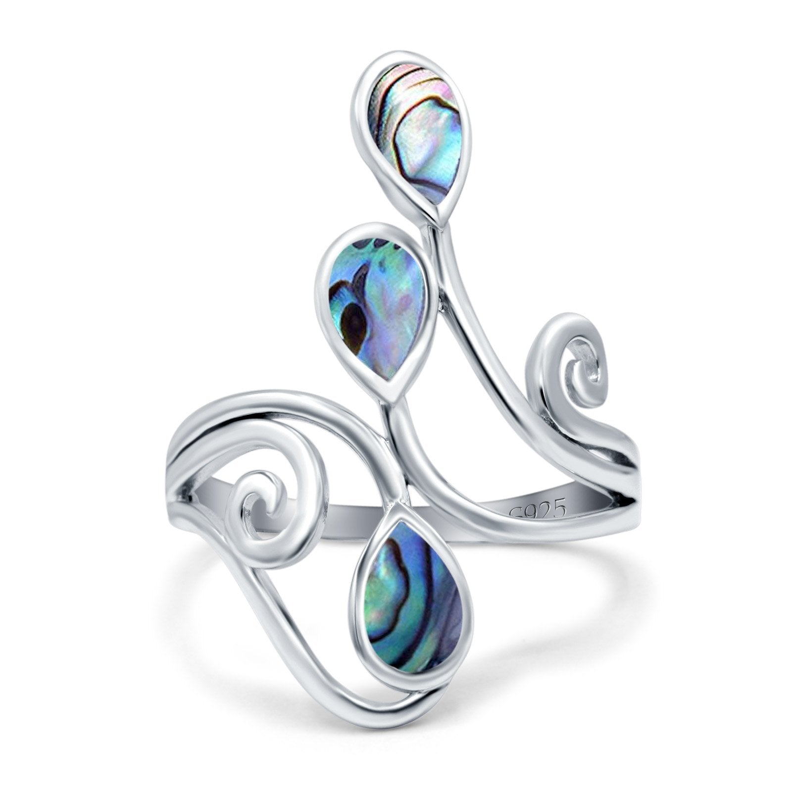 Fashion Teardrop Pear Swirl Spiral Ring Rhodium Plated Created Opal 925 Sterling Silver