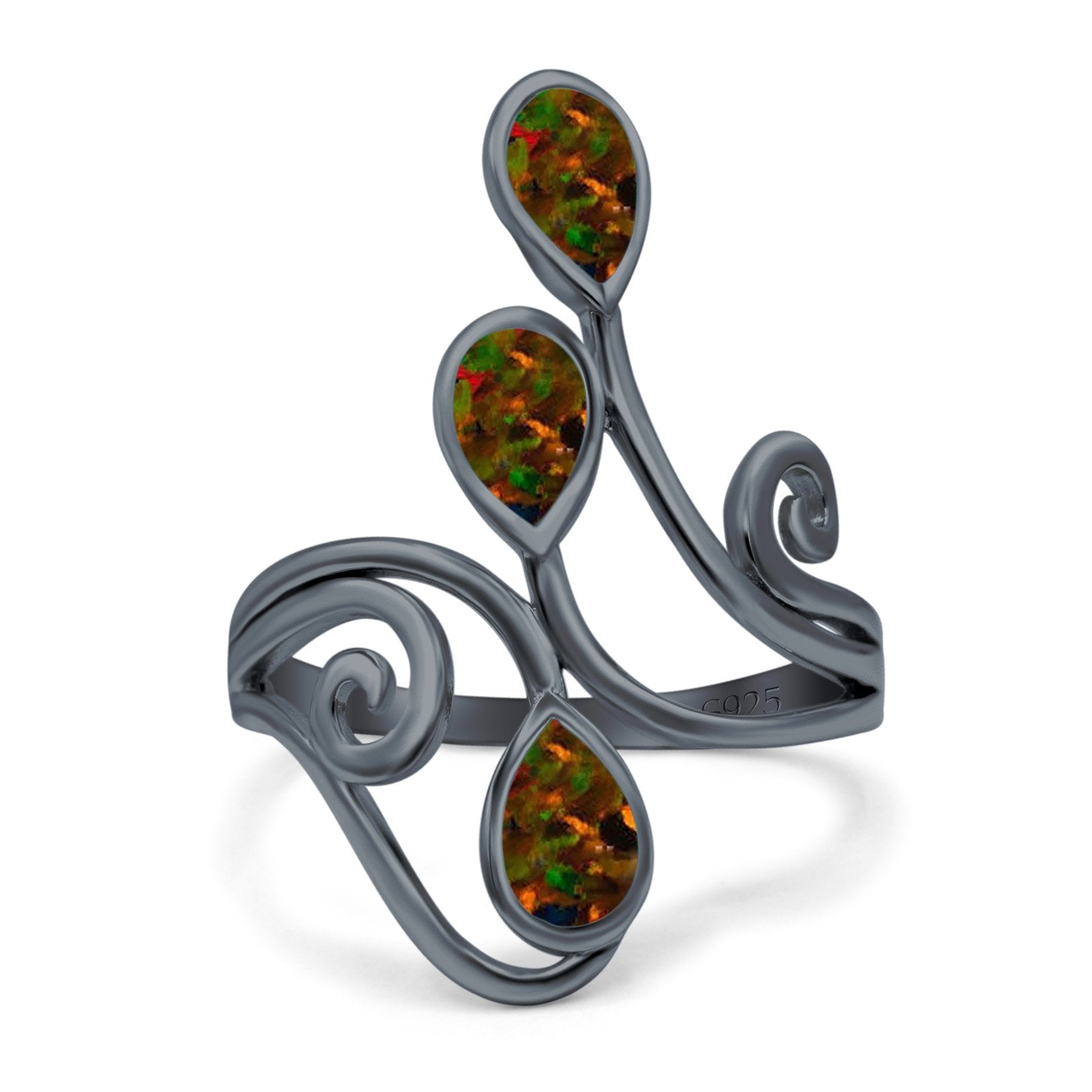 Fashion Teardrop Pear Swirl Spiral Ring Rhodium Plated Created Opal 925 Sterling Silver