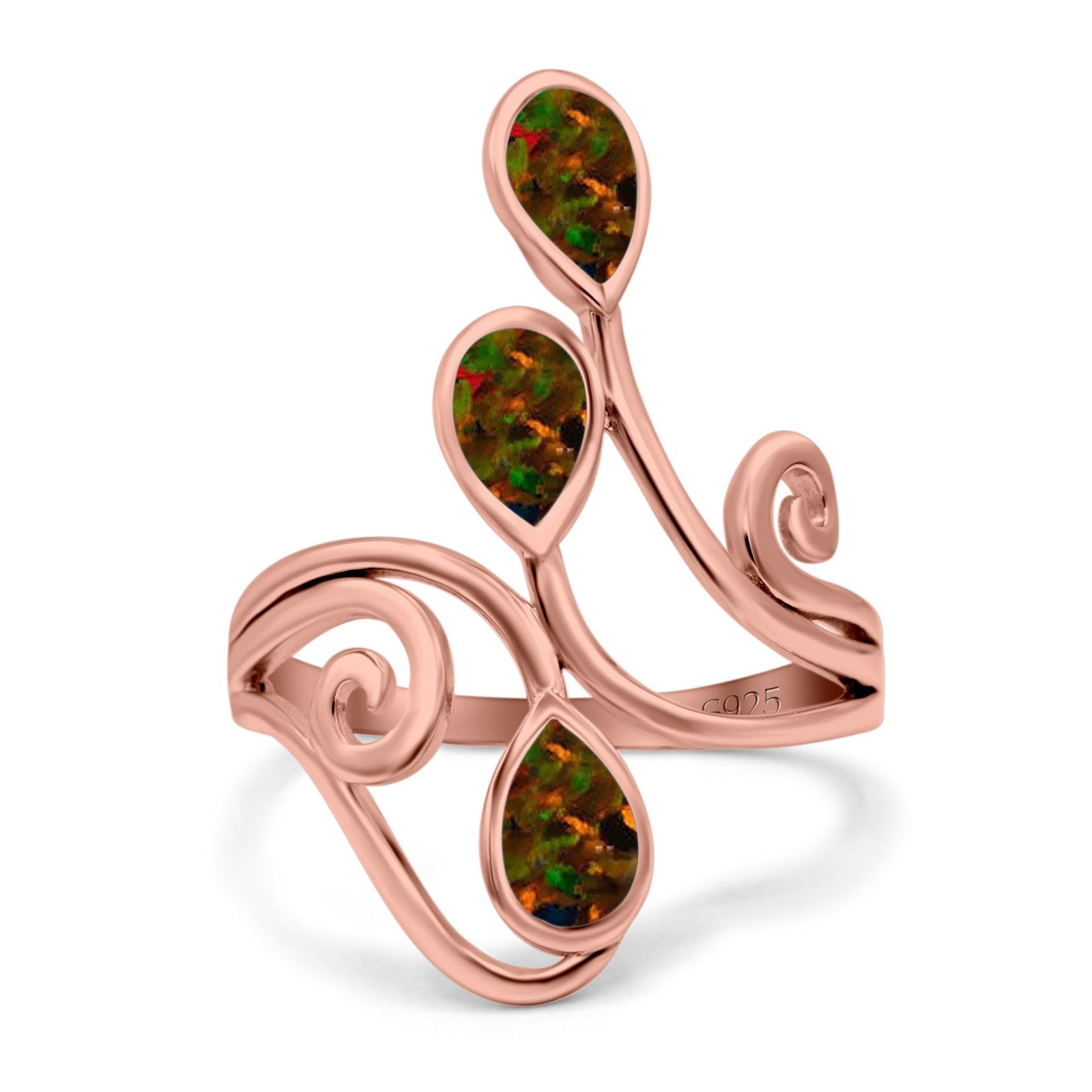 Fashion Teardrop Pear Swirl Spiral Ring Rhodium Plated Created Opal 925 Sterling Silver