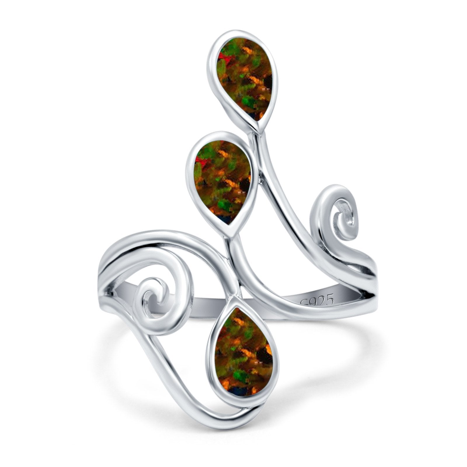 Fashion Teardrop Pear Swirl Spiral Ring Rhodium Plated Created Opal 925 Sterling Silver