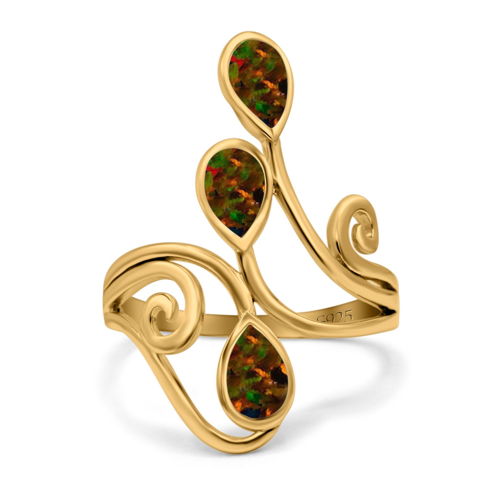 Fashion Teardrop Pear Swirl Spiral Ring Rhodium Plated Created Opal 925 Sterling Silver