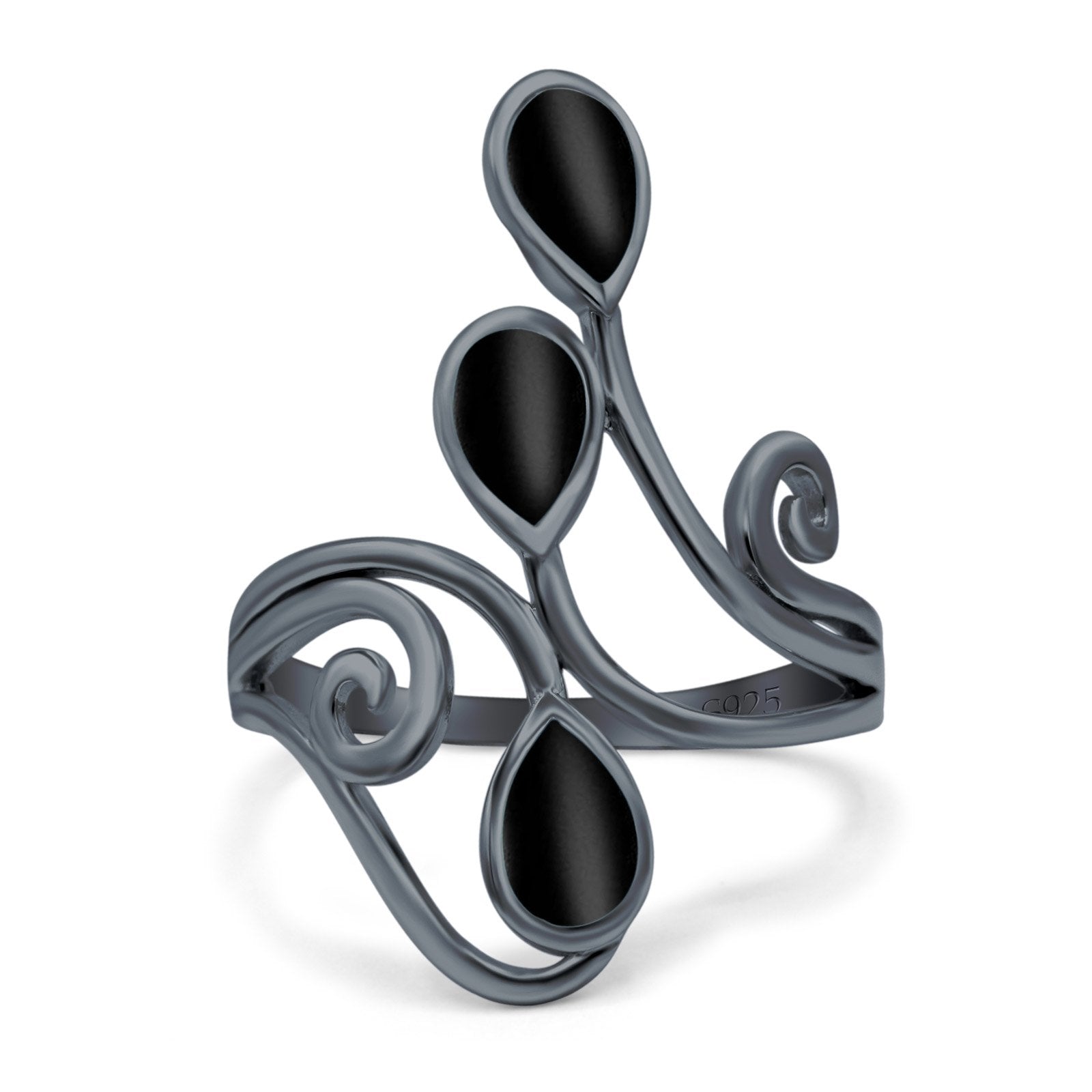 Fashion Teardrop Pear Swirl Spiral Ring Rhodium Plated Created Opal 925 Sterling Silver