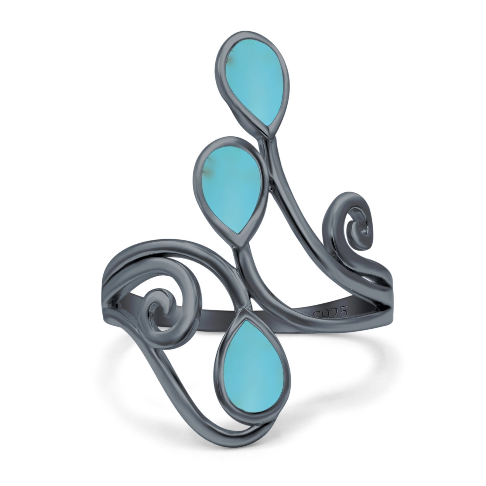 Fashion Teardrop Pear Swirl Spiral Ring Rhodium Plated Created Opal 925 Sterling Silver