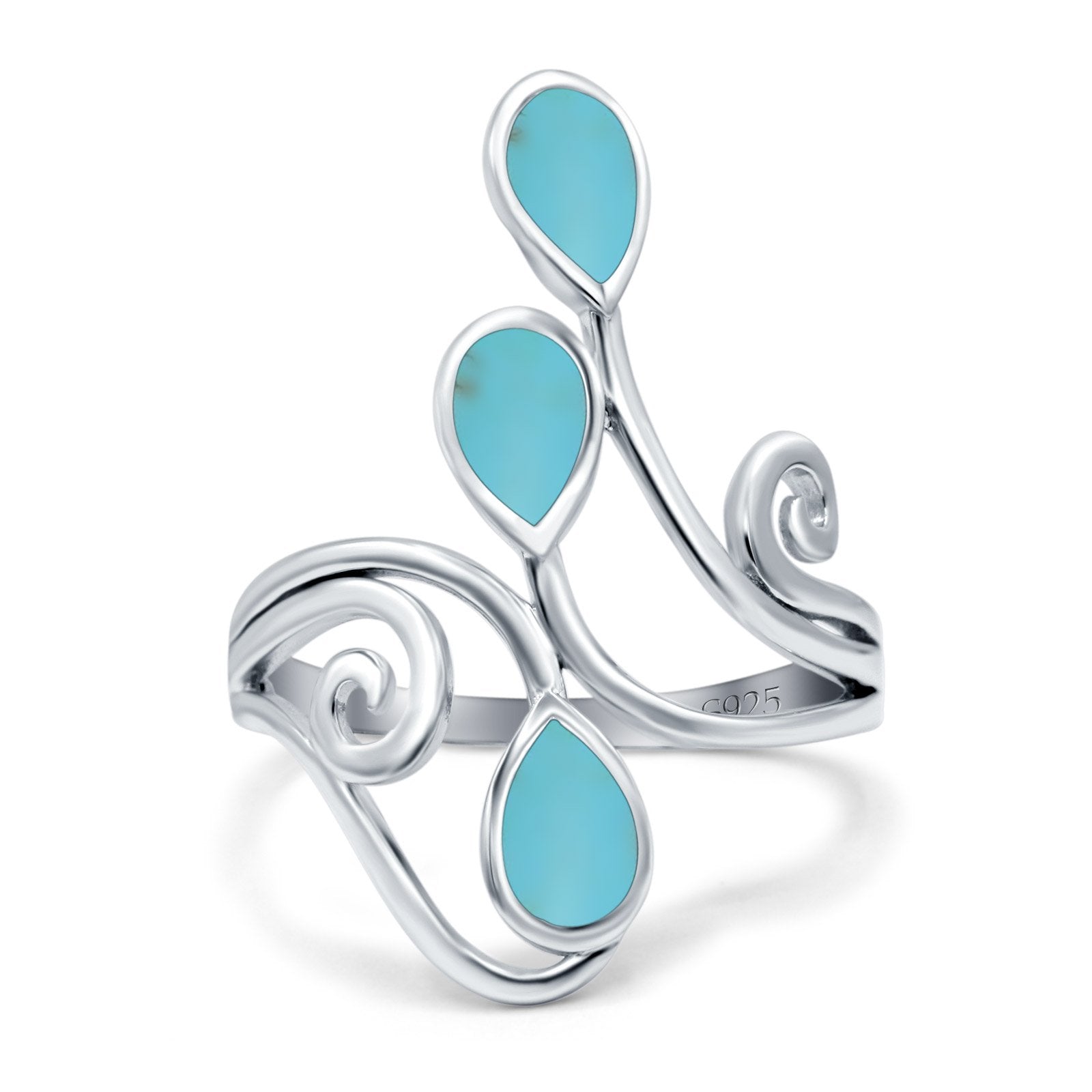 Fashion Teardrop Pear Swirl Spiral Ring Rhodium Plated Created Opal 925 Sterling Silver