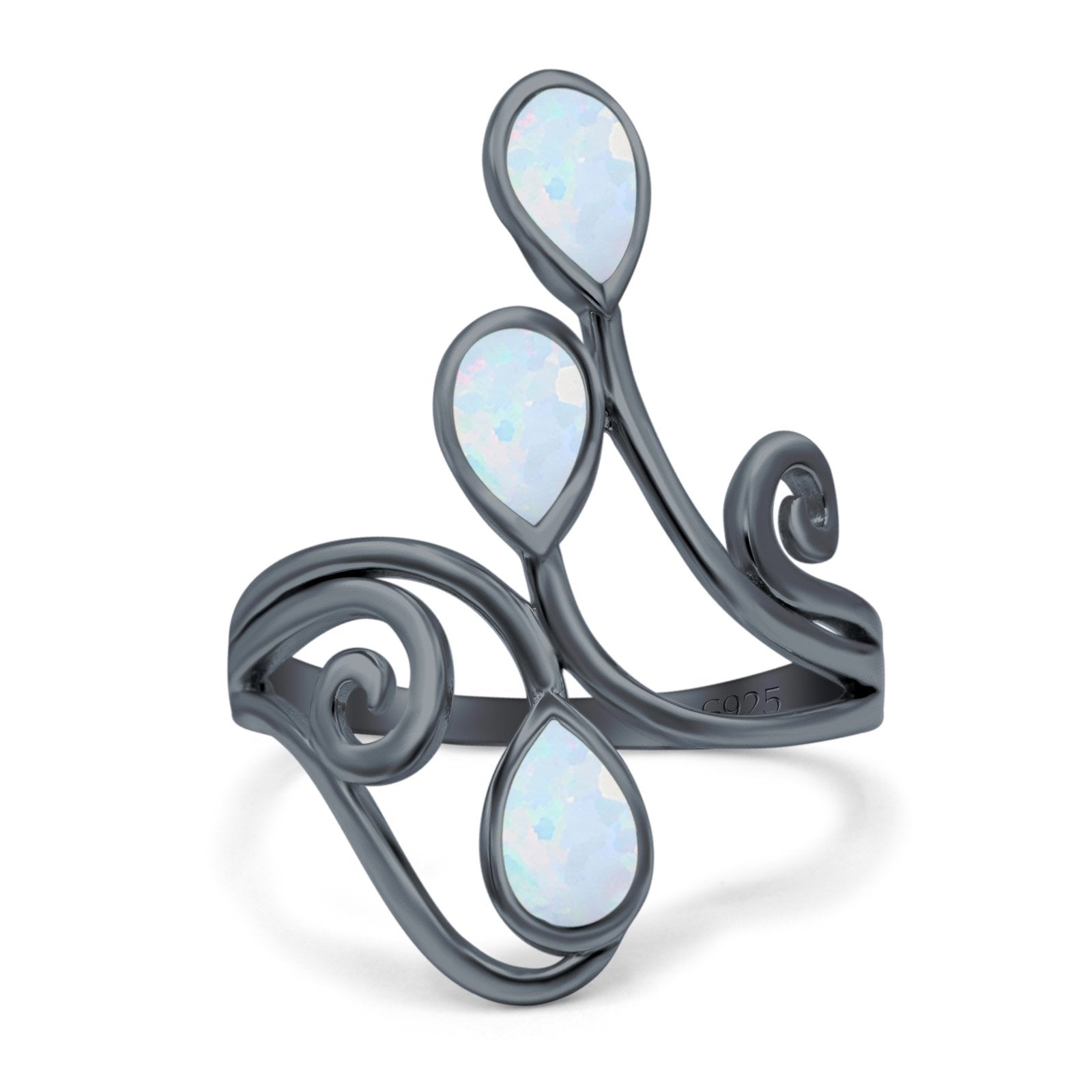 Fashion Teardrop Pear Swirl Spiral Ring Rhodium Plated Created Opal 925 Sterling Silver