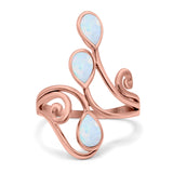 Fashion Teardrop Pear Swirl Spiral Ring Rhodium Plated Created Opal 925 Sterling Silver