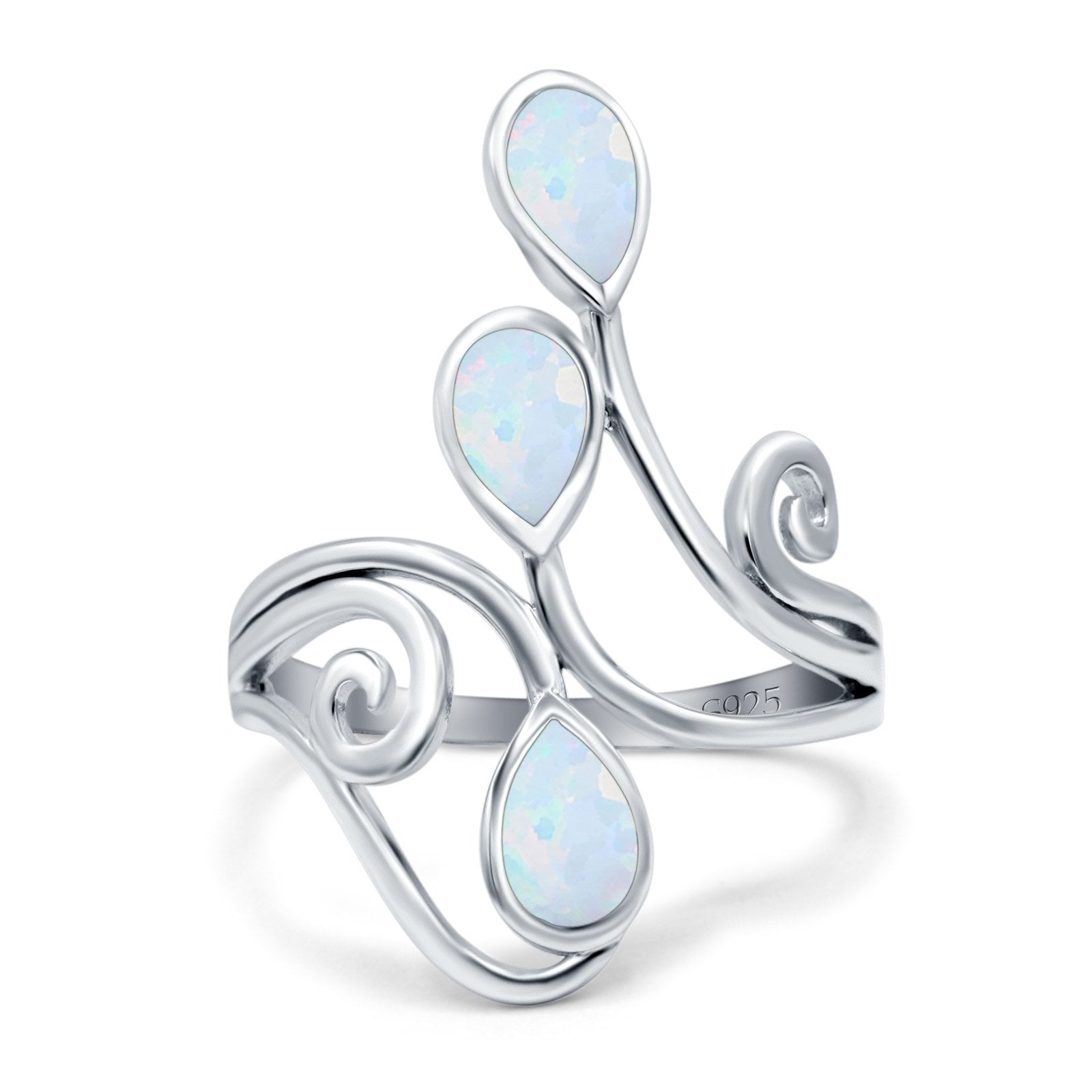Fashion Teardrop Pear Swirl Spiral Ring Rhodium Plated Created Opal 925 Sterling Silver