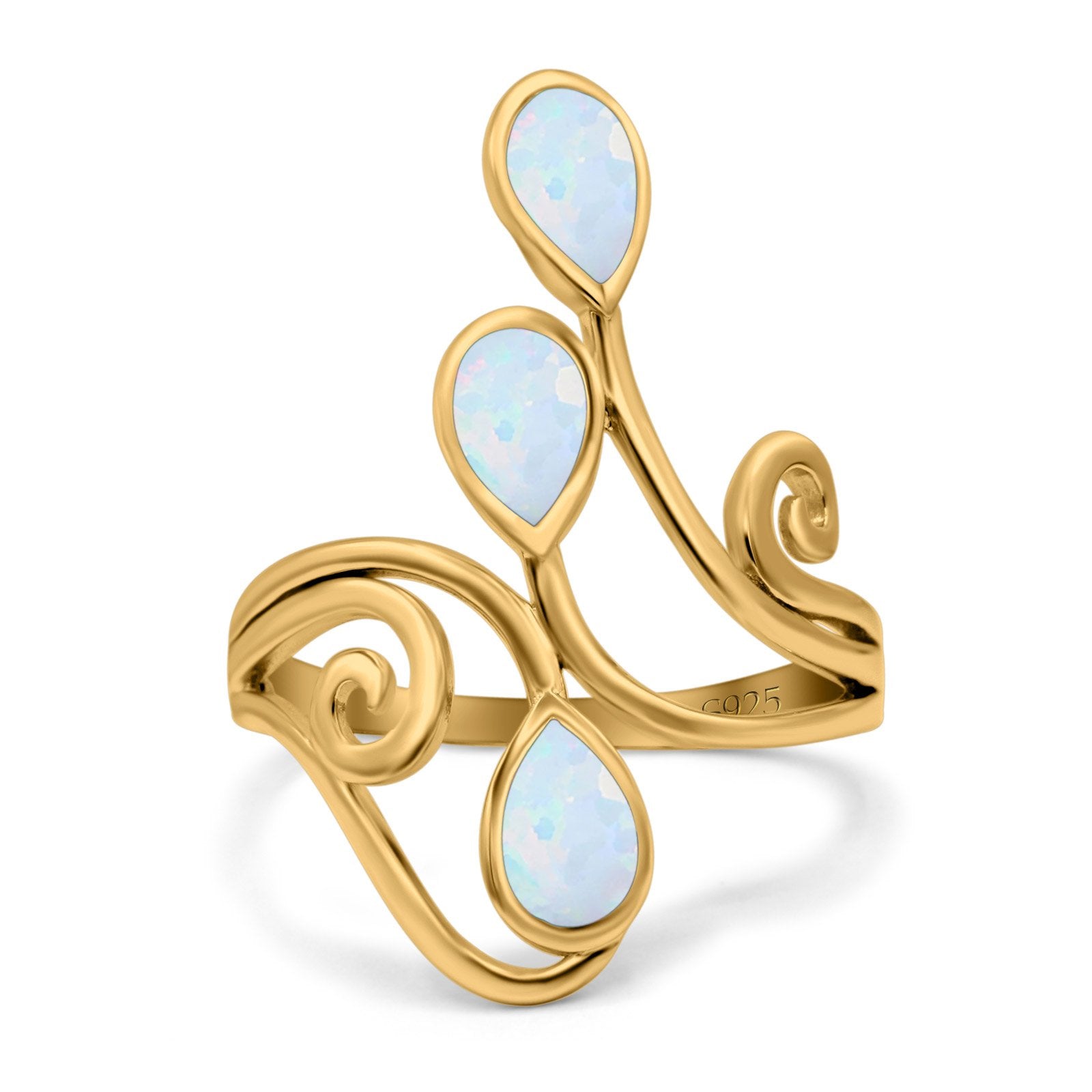 Fashion Teardrop Pear Swirl Spiral Ring Rhodium Plated Created Opal 925 Sterling Silver