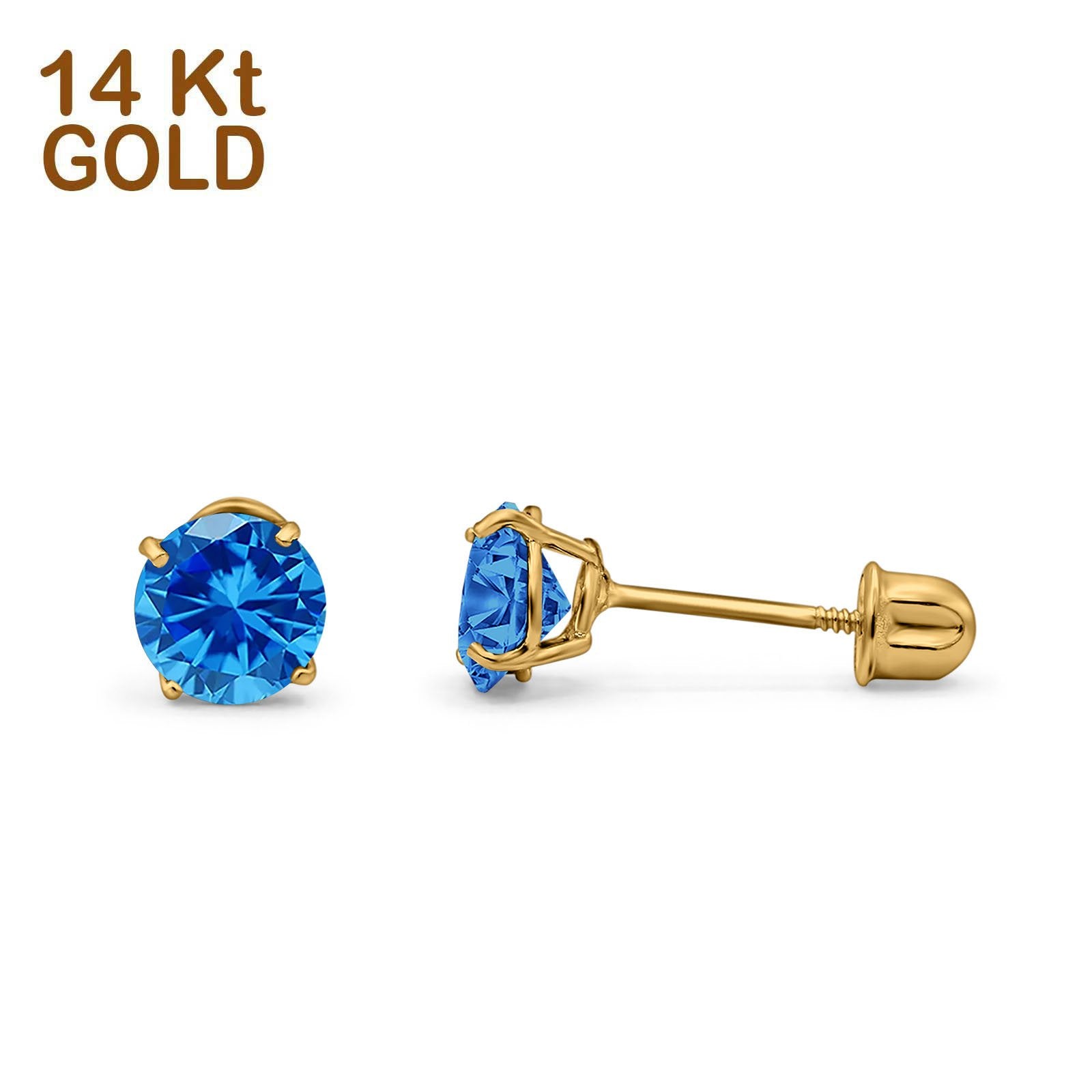 14k Yellow Gold Round Solitaire Stud Earrings with Screw Back Simulated Blue Topaz Cubic Zirconia