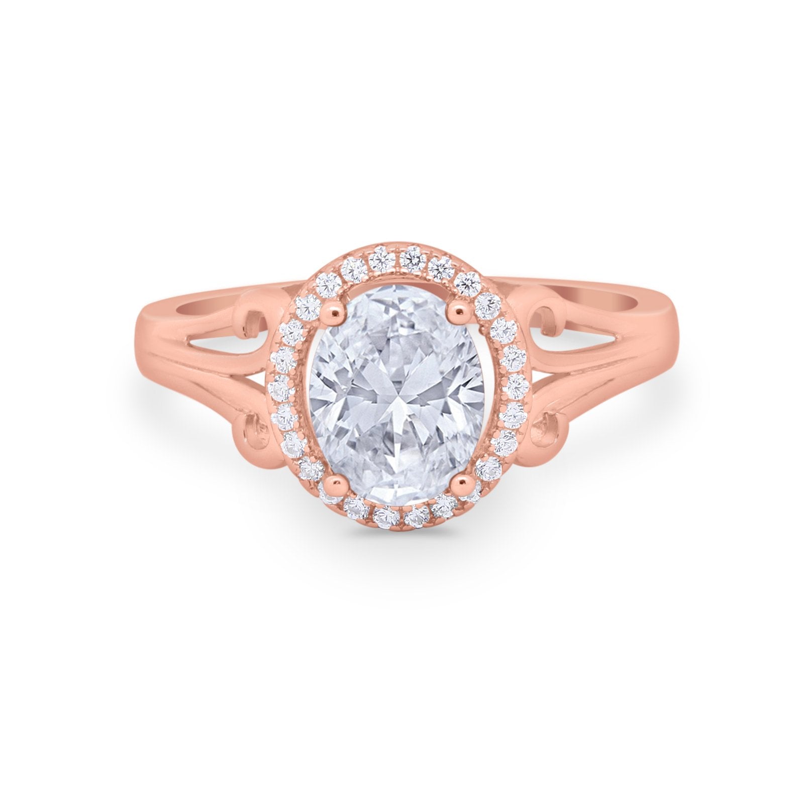 Halo Filigree Oval Wedding Ring Round Simulated Cubic Zirconia 925 Sterling Silver