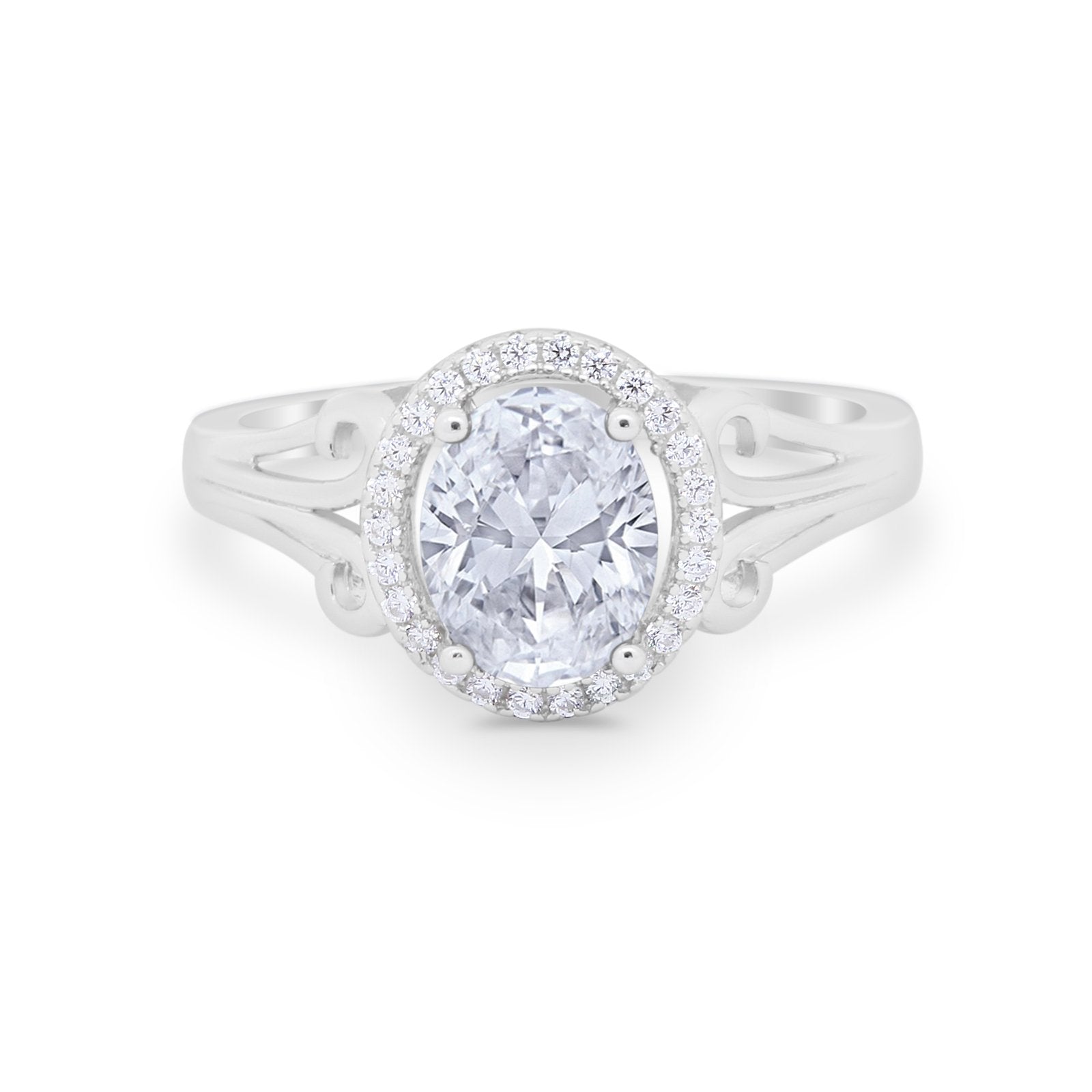 Halo Filigree Oval Wedding Ring Round Simulated Cubic Zirconia 925 Sterling Silver
