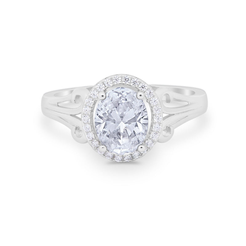 Halo Filigree Oval Wedding Ring Round Simulated Cubic Zirconia 925 Sterling Silver