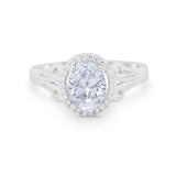 Halo Filigree Oval Wedding Ring Round Simulated Cubic Zirconia 925 Sterling Silver