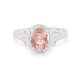 Halo Filigree Oval Wedding Ring Round Simulated Cubic Zirconia 925 Sterling Silver