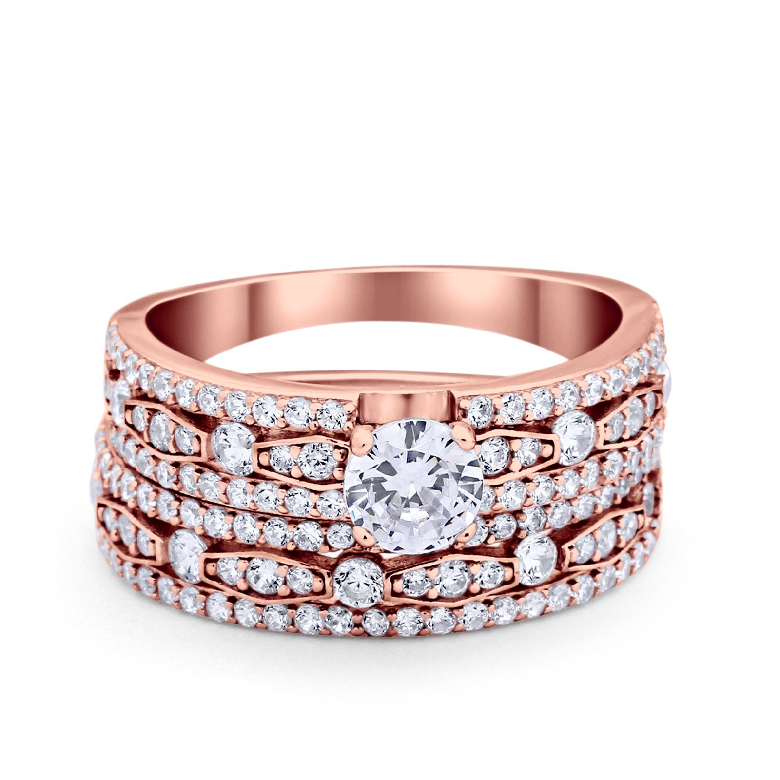 Two Piece Bridal Set Ring Round Simulated Cubic Zirconia 925 Sterling Silver