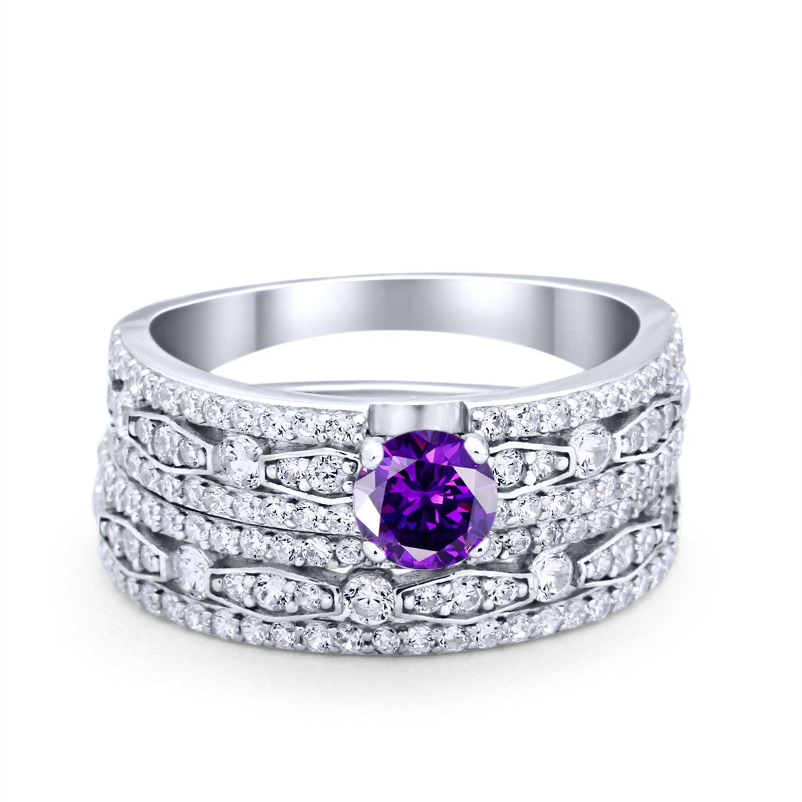 Two Piece Bridal Set Ring Round Simulated Cubic Zirconia 925 Sterling Silver