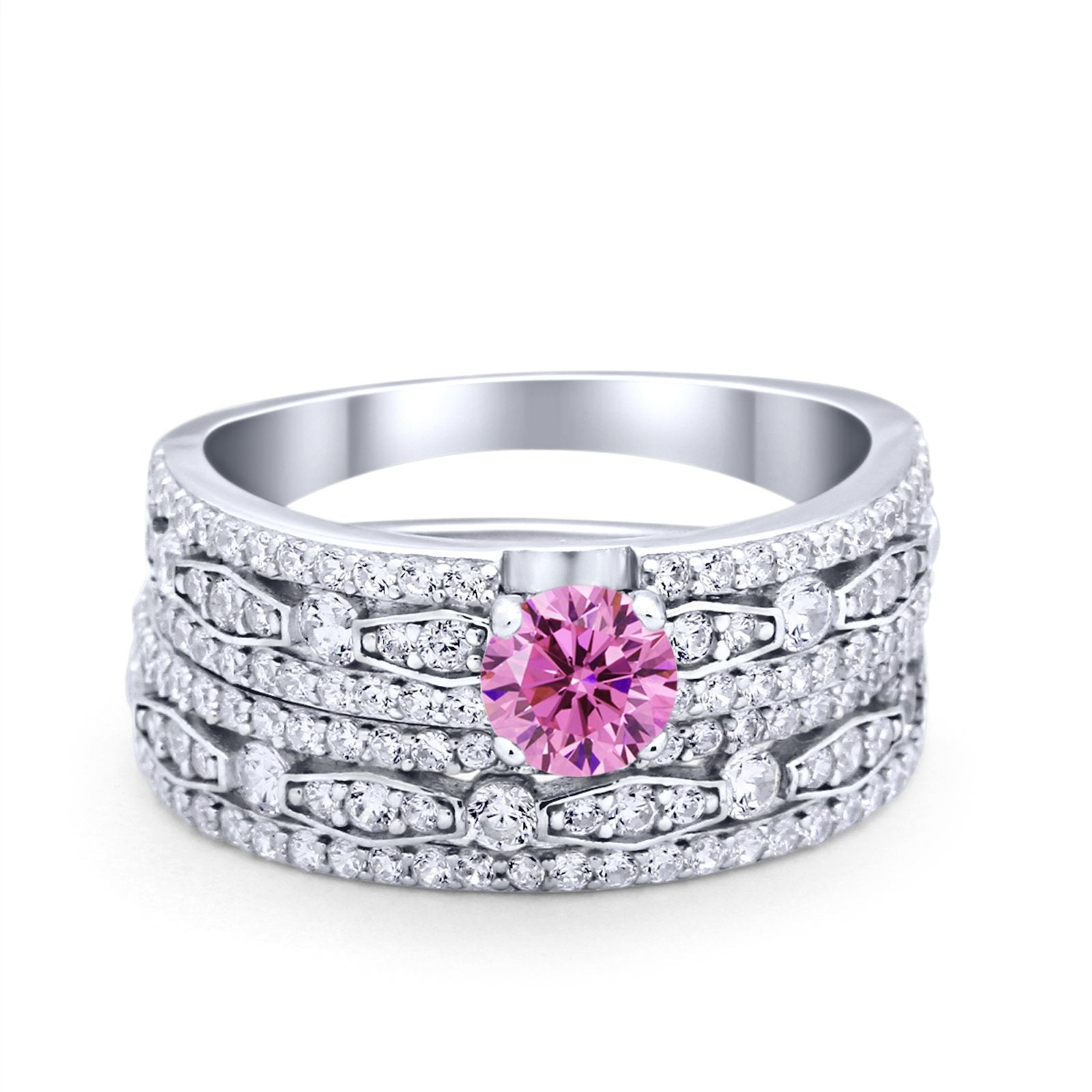 Two Piece Bridal Set Ring Round Simulated Cubic Zirconia 925 Sterling Silver