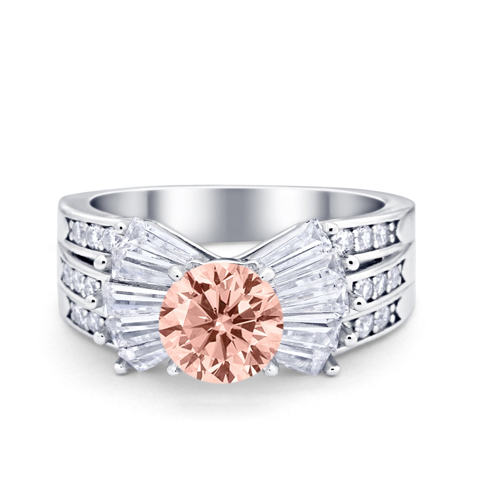 Art Dec Wedding Bridal Ring Round Simulated Cubic Zirconia 925 Sterling Silver