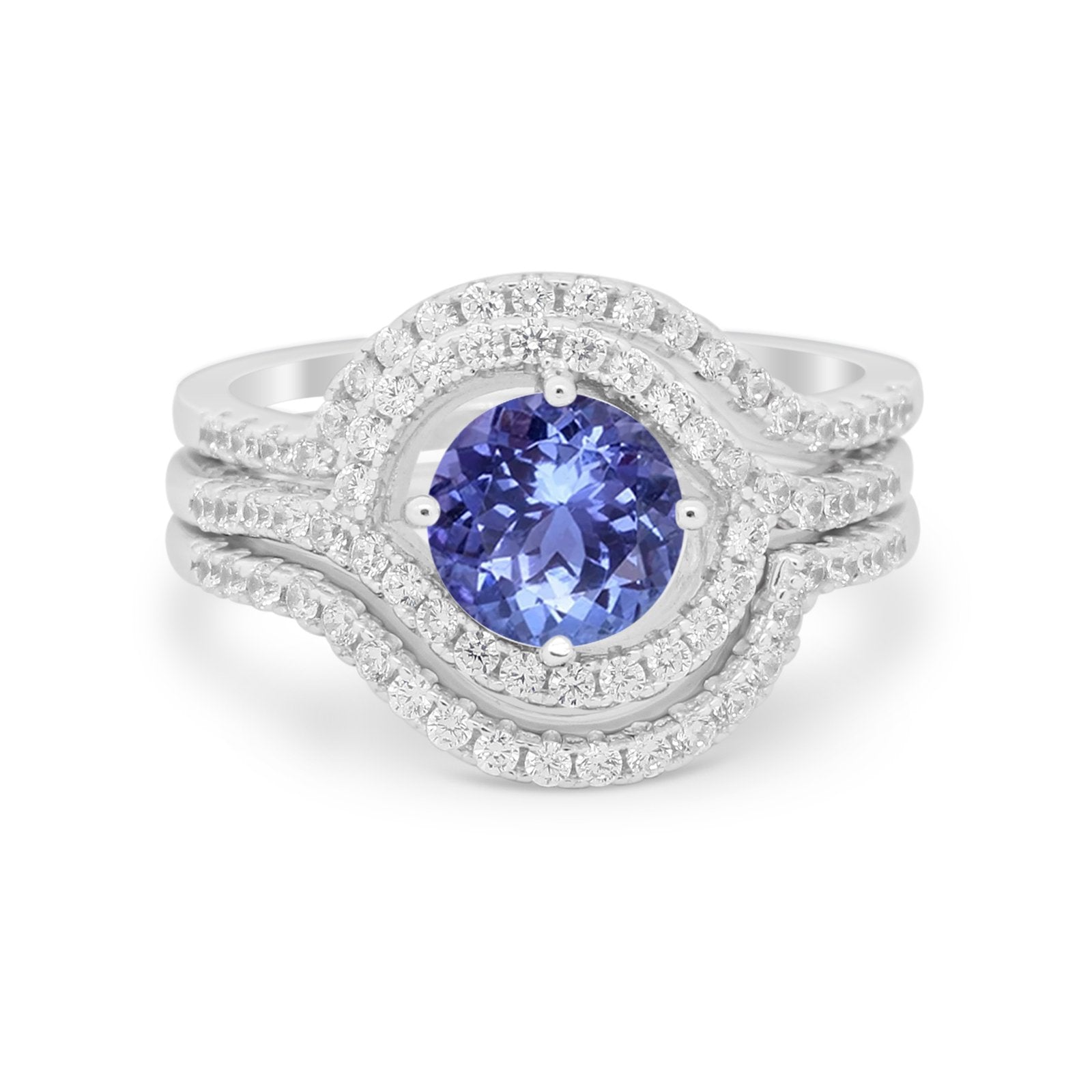 Three Piece Ring Band Round Simulated Cubic Zirconia 925 Sterling Silver