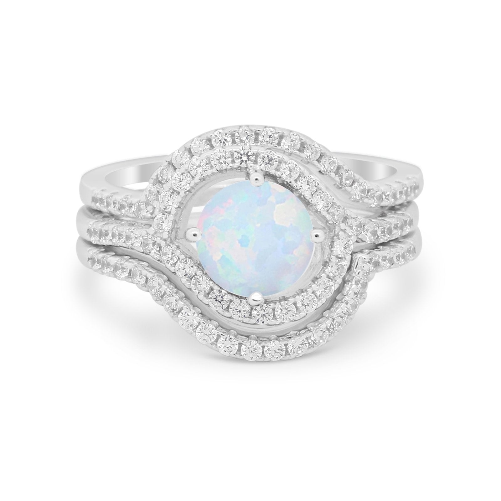 Three Piece Ring Band Round Simulated Cubic Zirconia 925 Sterling Silver