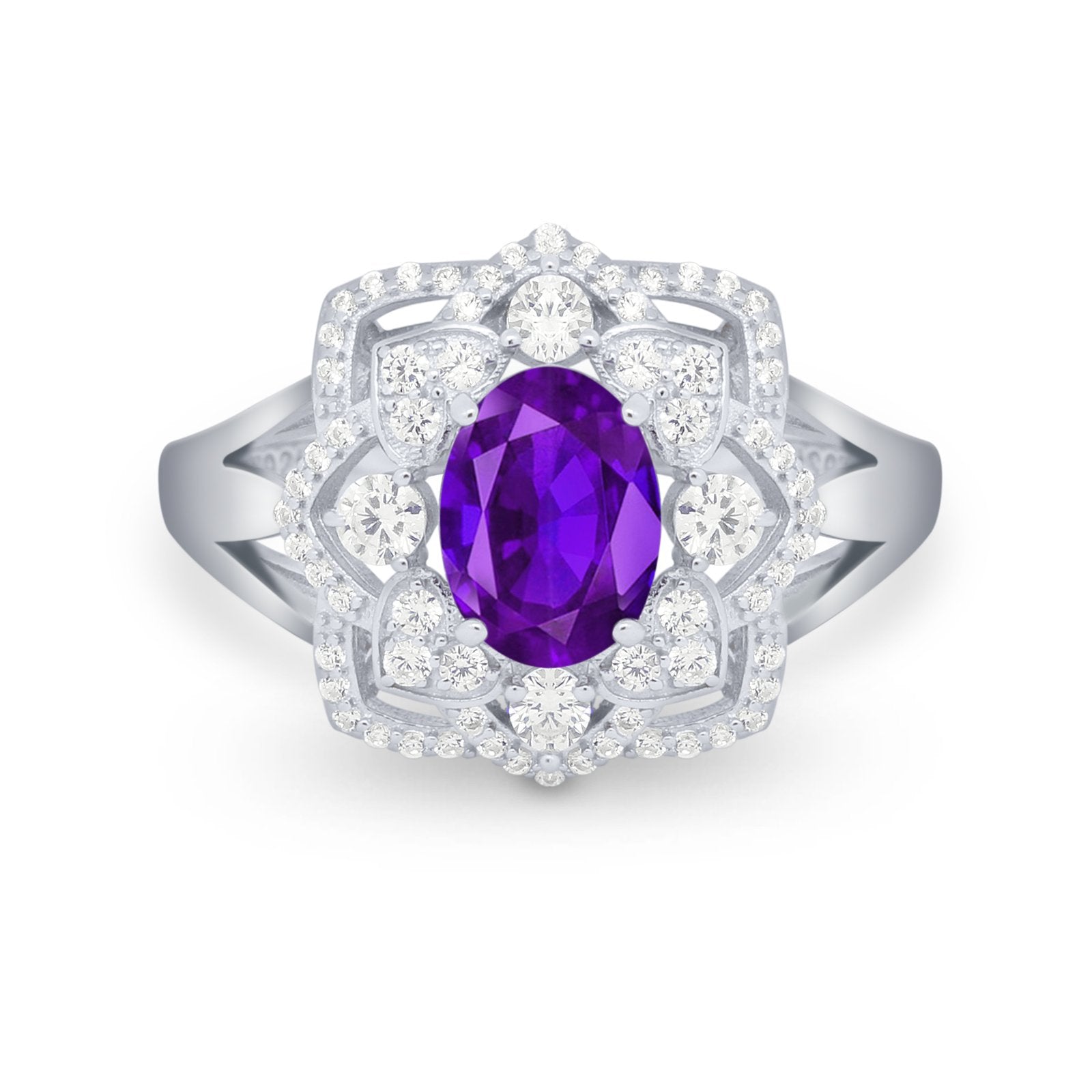 Art Deco Oval Wedding Ring Round Simulated Cubic Zirconia 925 Sterling Silver