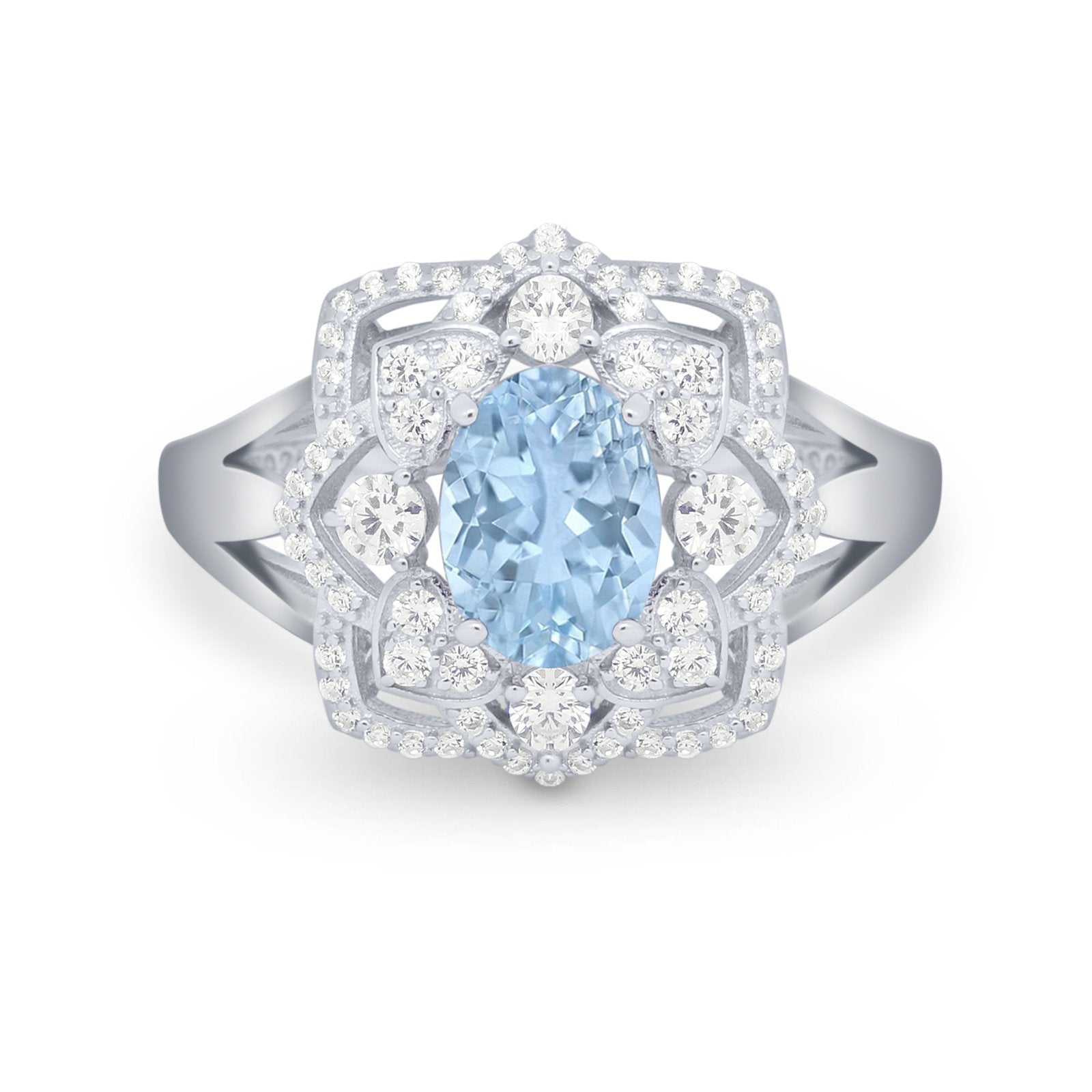 Art Deco Oval Wedding Ring Round Simulated Cubic Zirconia 925 Sterling Silver