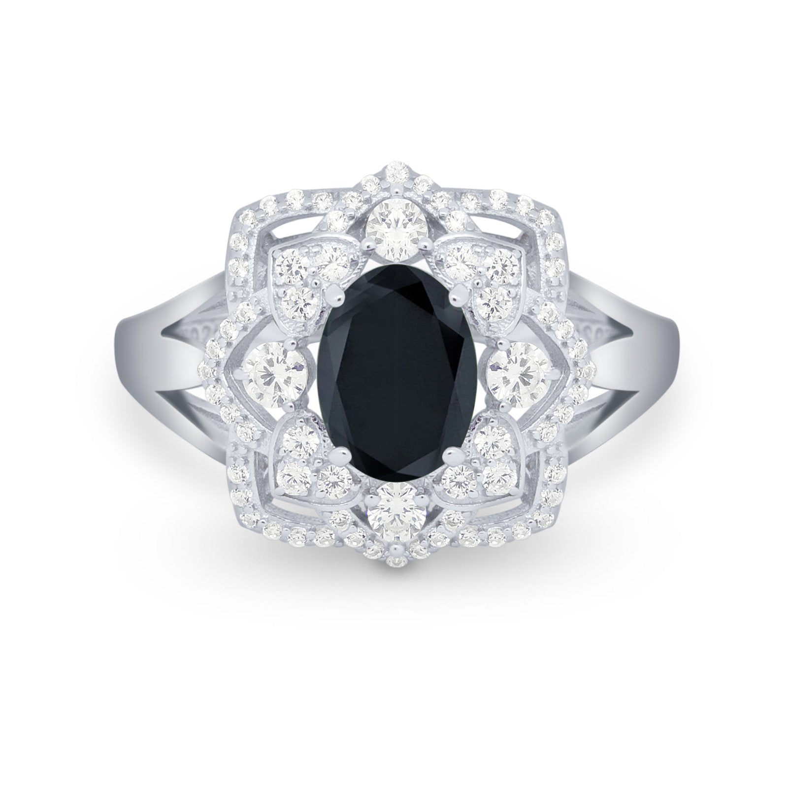 Art Deco Oval Wedding Ring Round Simulated Cubic Zirconia 925 Sterling Silver