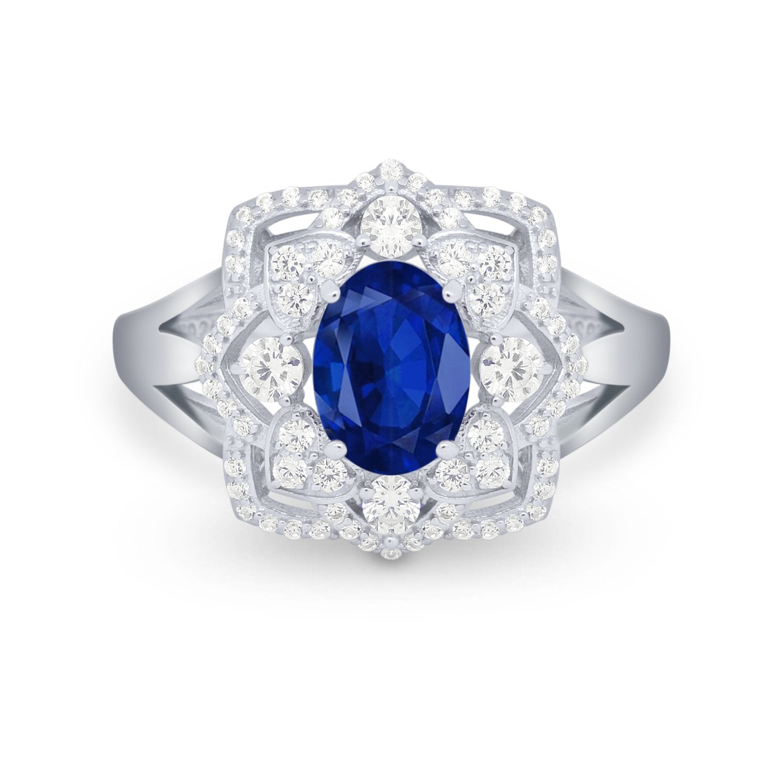 Art Deco Oval Wedding Ring Round Simulated Cubic Zirconia 925 Sterling Silver
