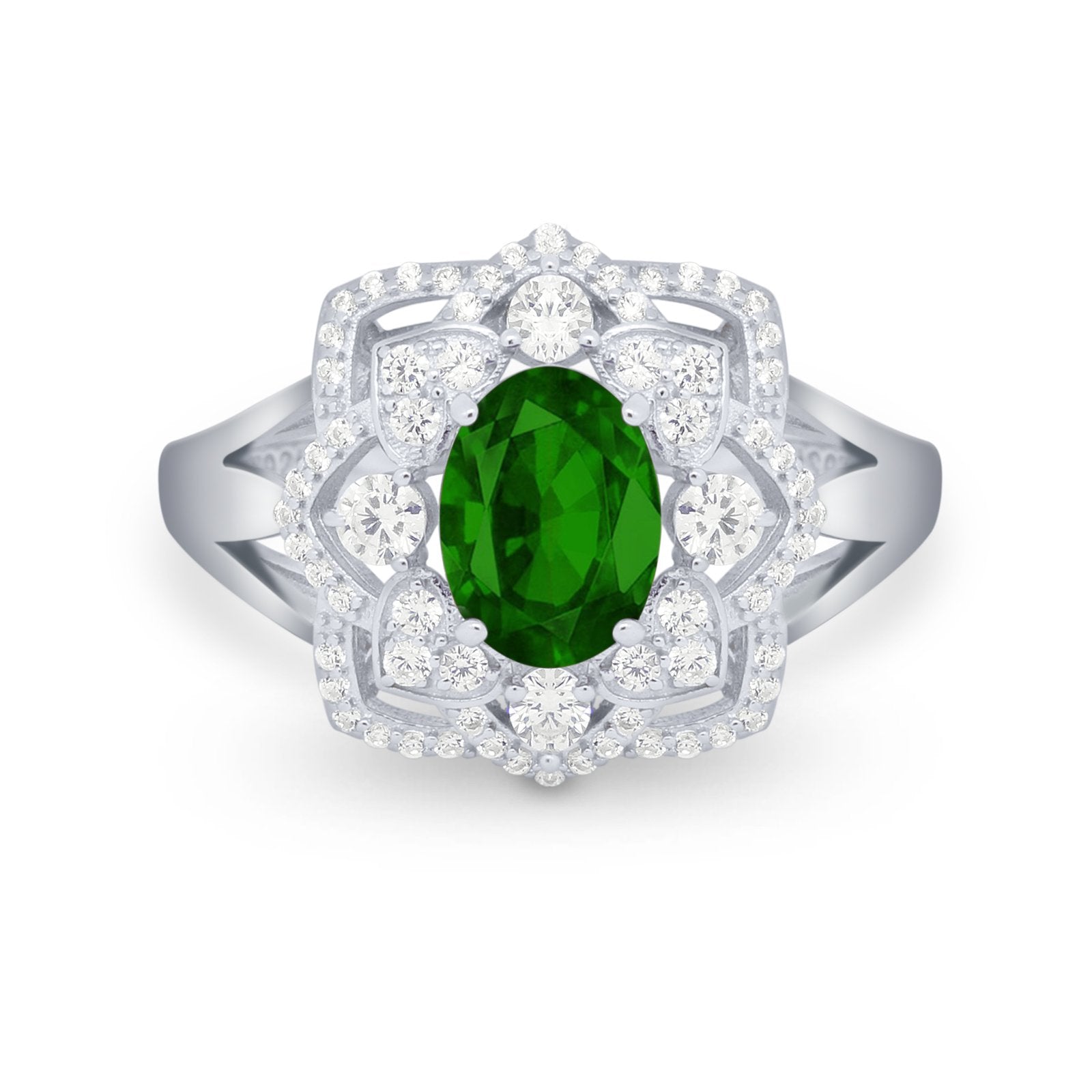 Art Deco Oval Wedding Ring Round Simulated Cubic Zirconia 925 Sterling Silver