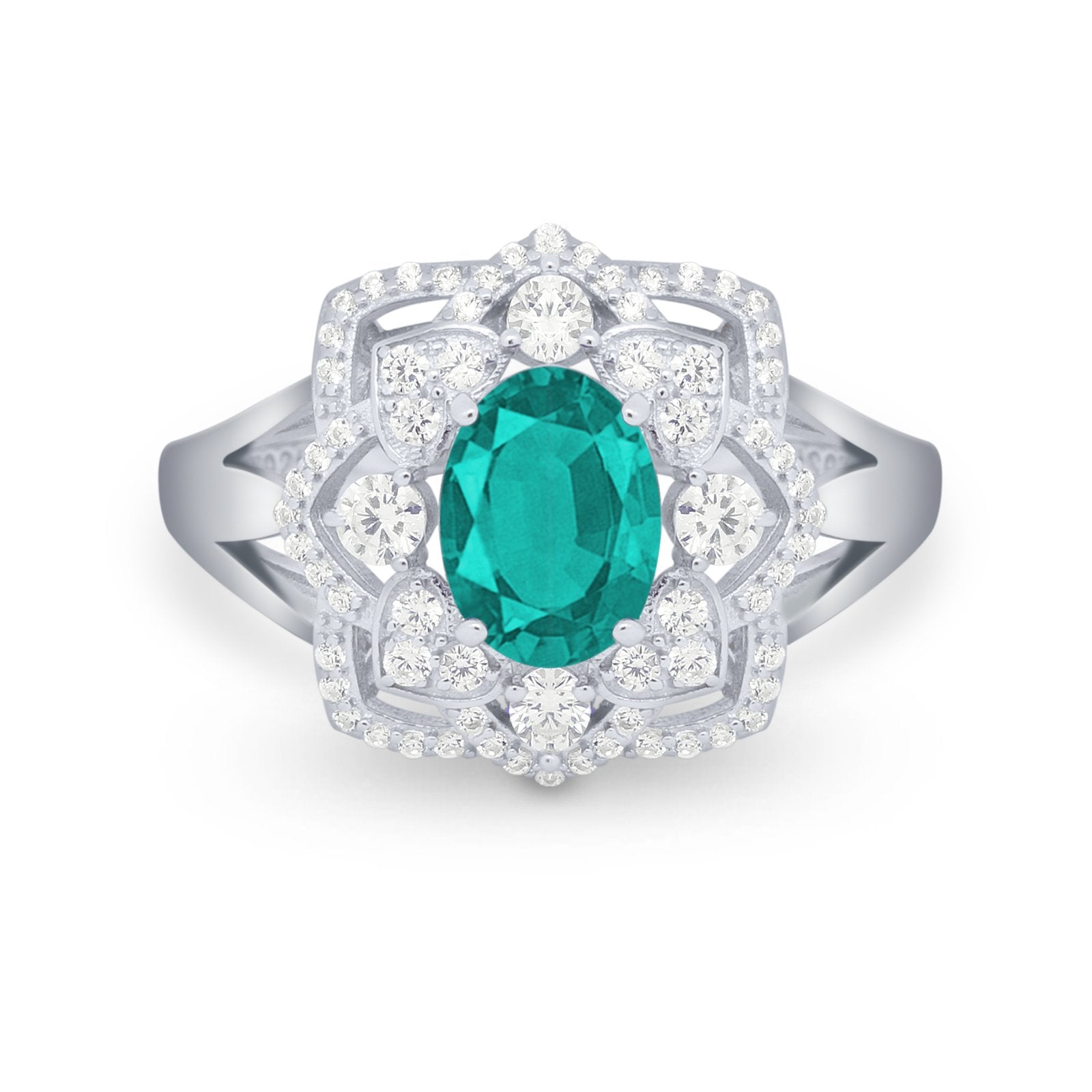 Art Deco Oval Wedding Ring Round Simulated Cubic Zirconia 925 Sterling Silver