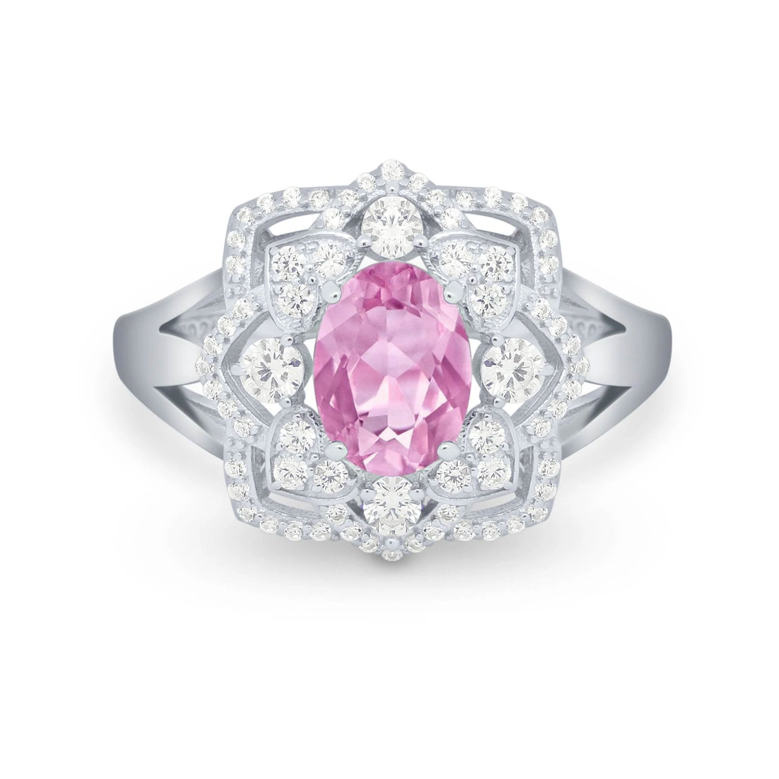 Art Deco Oval Wedding Ring Round Simulated Cubic Zirconia 925 Sterling Silver