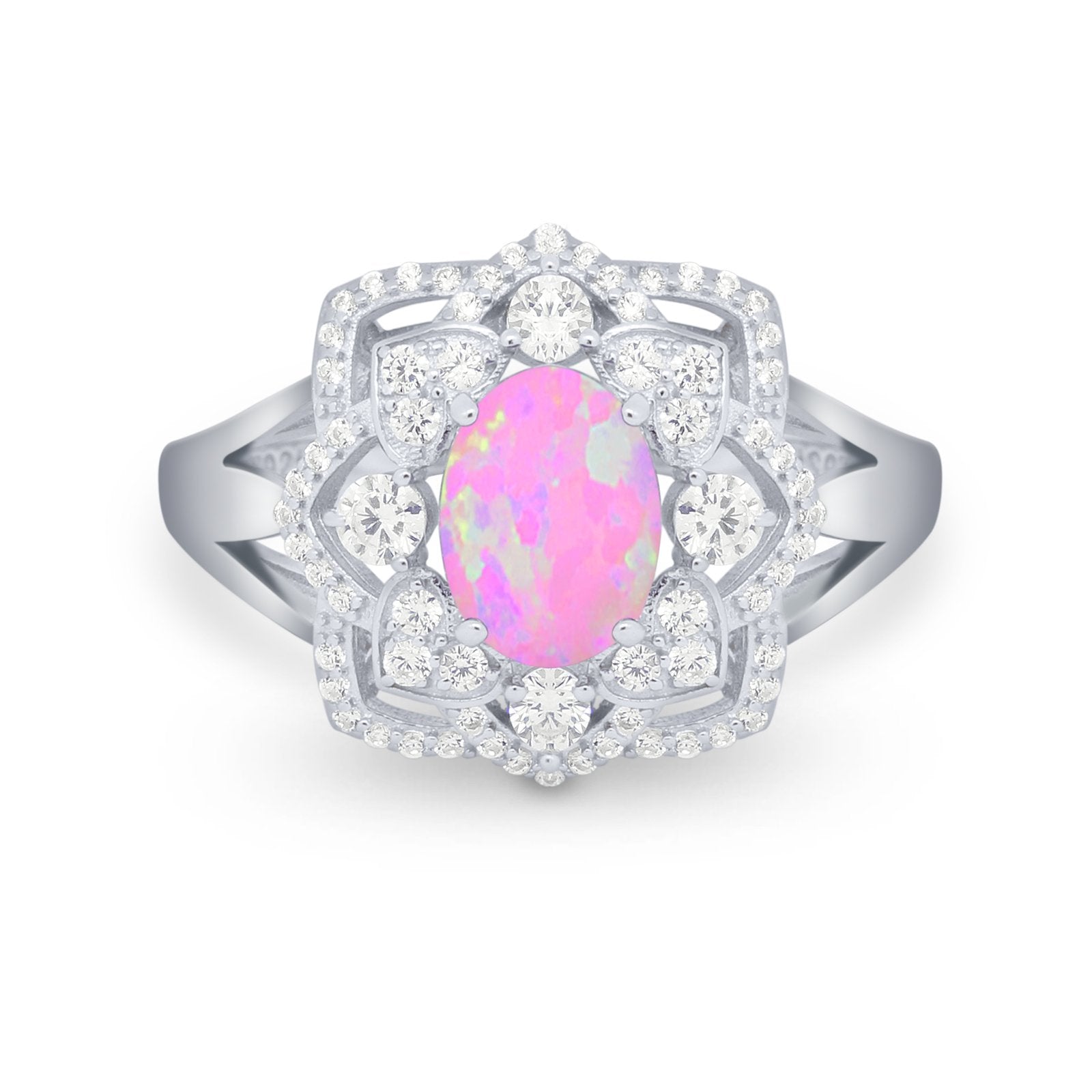 Art Deco Oval Wedding Ring Round Simulated Cubic Zirconia 925 Sterling Silver